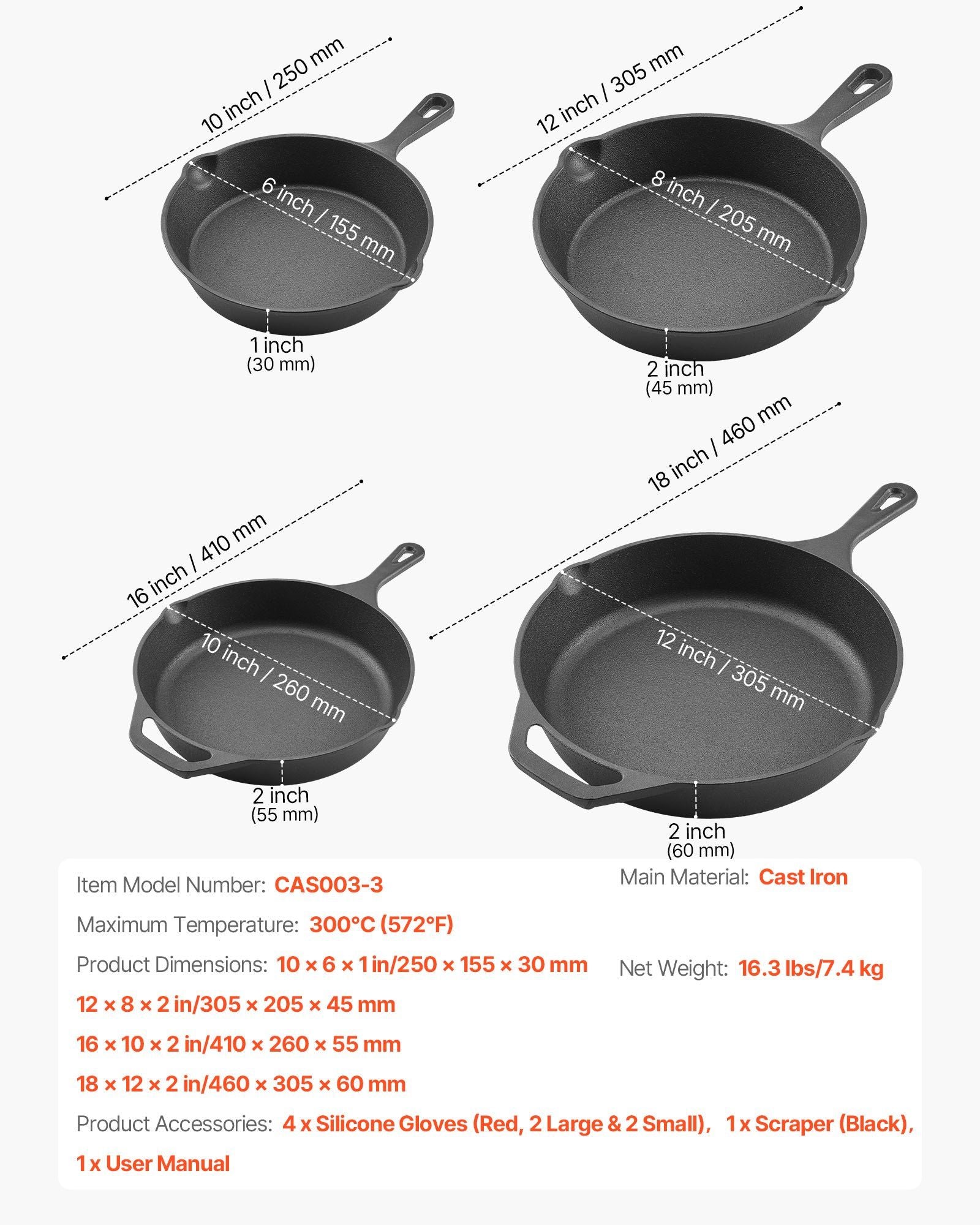 Cast Iron Skillet, 4 Pcs Frying Pan Set (155, 205, 260, 305 mm), Skillets with Heat-Resistant Silicone Handle, Pre-Seasoned Chef's Pan, Kitchen Cookware, Oven, Gas, Electrical, Induction, Black