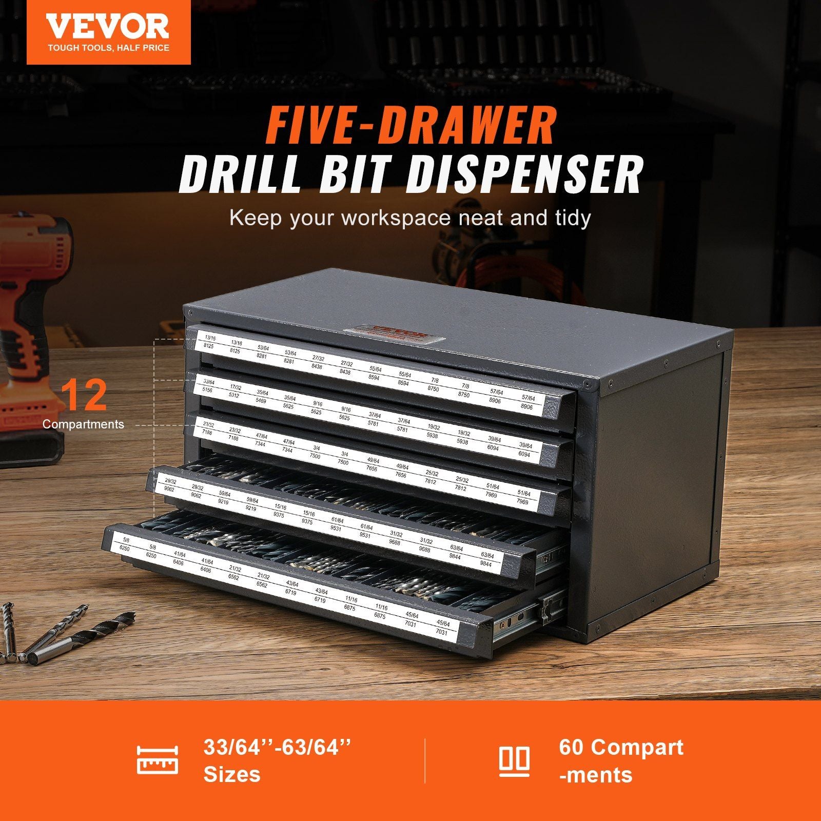 Drill Bit Dispenser Cabinet, Five-Drawer Drill Bit Organizer Cabinet for 33/64" to 63/64" Steel Drill Dispenser Organizer Cabinet with Labels, Stackable Drill Dispenser for Drill Bit Storage