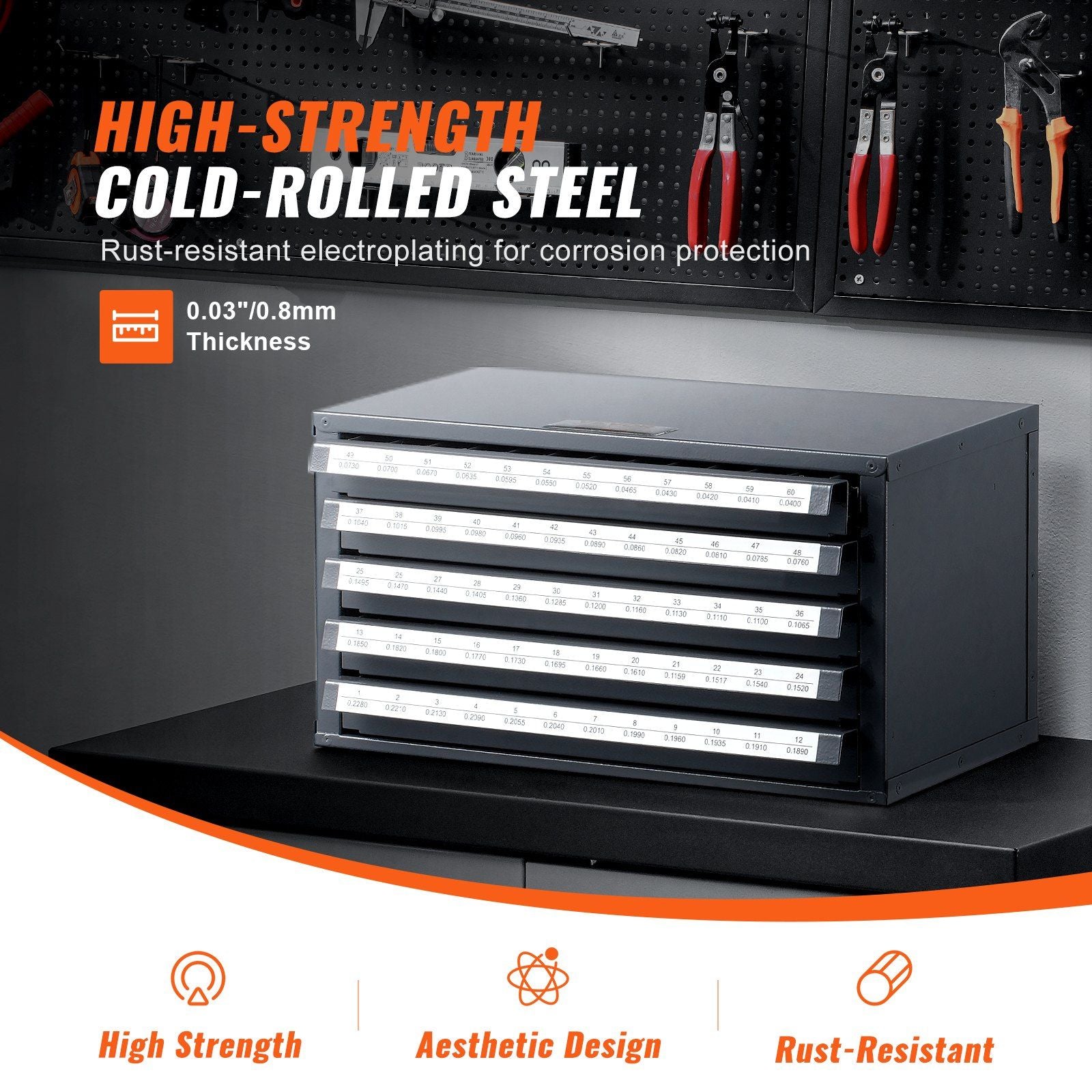 Drill Bit Dispenser Cabinet, Five-Drawer Drill Bit Organizer Cabinet for 33/64" to 63/64" Steel Drill Dispenser Organizer Cabinet with Labels, Stackable Drill Dispenser for Drill Bit Storage