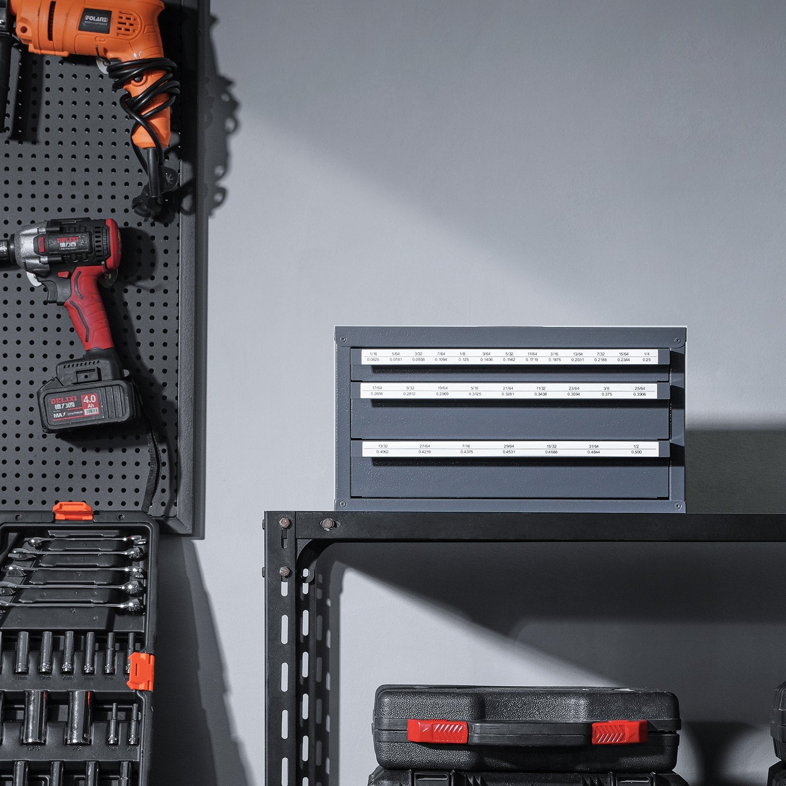 VEVOR Drill Bit Dispenser Cabinet, Three-Drawer Drill Bit Organizer Cabinet for 1/16" to 1/2", Steel Drill Dispenser Organizer Cabinet with Labels, Stackable Drill Dispenser for Drill Bit Storage