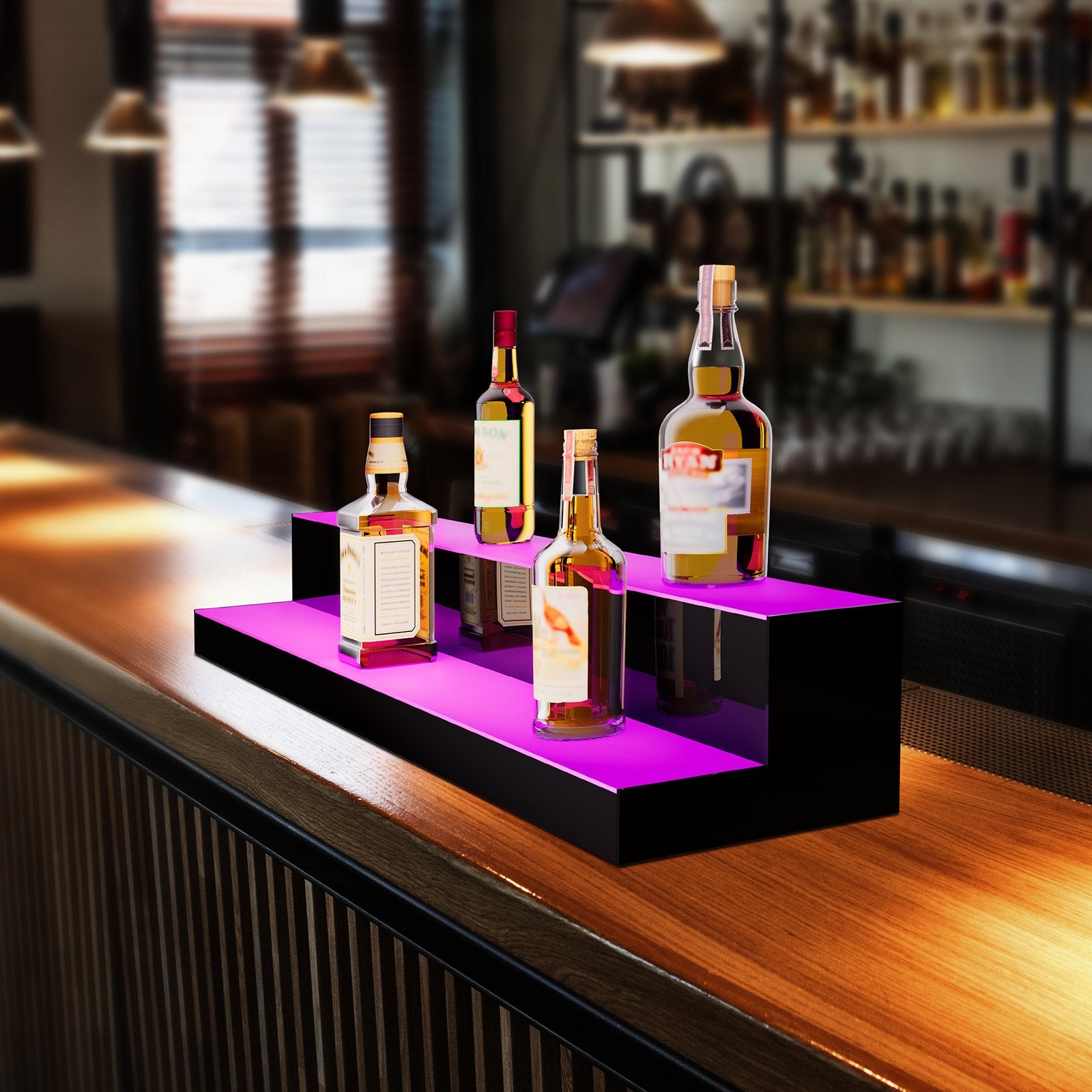 VEVOR LED Lighted Liquor Bottle Display, 2 Tiers 40 Inch Commercial Illuminated Home Bar Shelf, 2 Steps Whiskey Rack Stand, Acrylic Drink Shelves with RF Remote & App Control, and Multicolor lighting