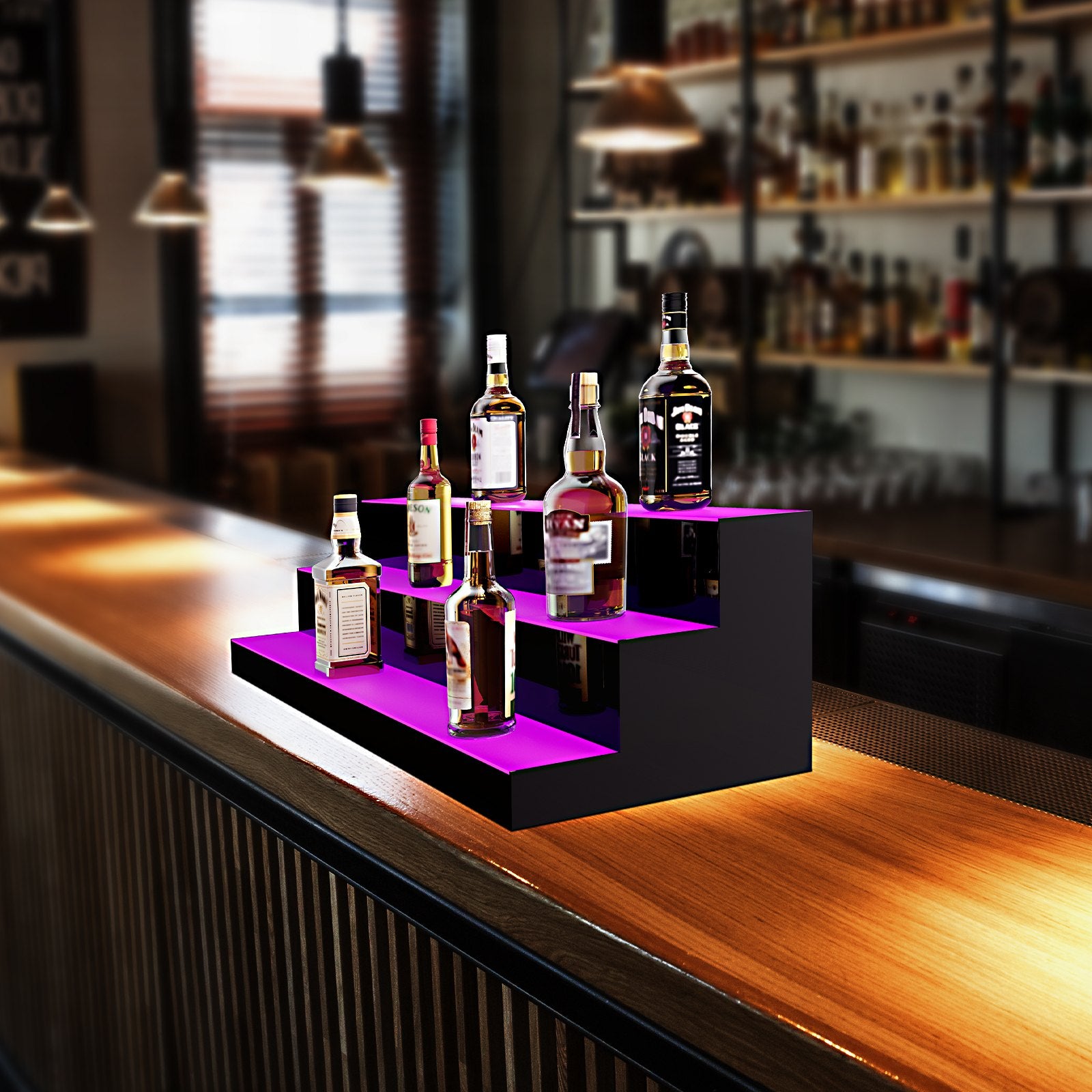 VEVOR LED Lighted Liquor Bottle Display, 3 Tiers 40 Inch Commercial Illuminated Home Bar Shelf, 3 Steps Whiskey Rack Stand, Acrylic Drink Shelves with RF Remote & App Control, and Multicolor lighting