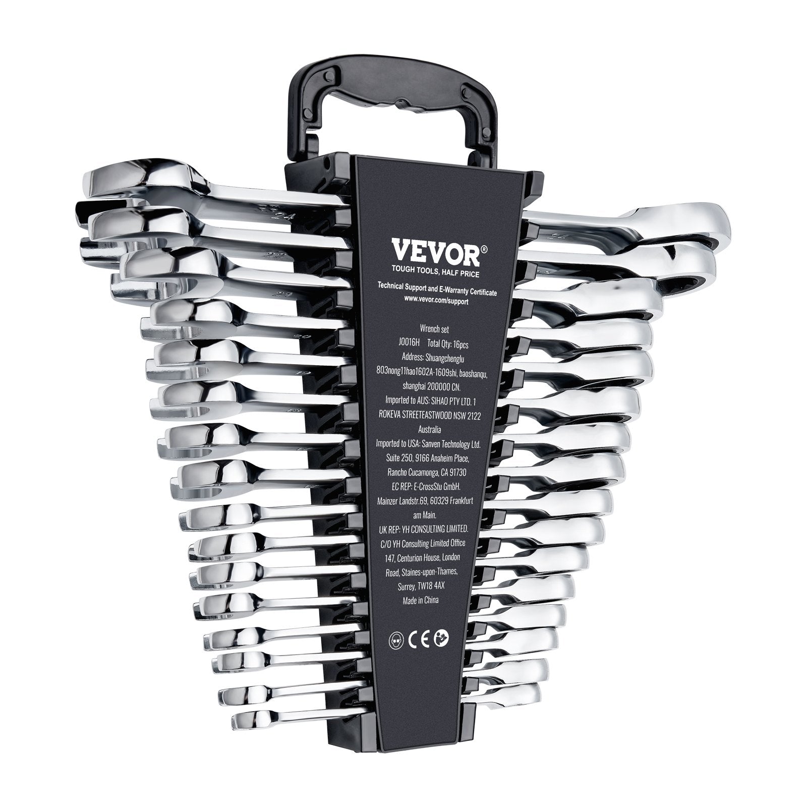 VEVOR Combination Wrench Set, 16-Piece Ratcheting Wrench Set with Organizer Rack, Cr-V Steel Wrench Set Metric 8 mm to 24 mm, Ideal for General Household, Garage, Workshop, Auto Repairs, Emergency