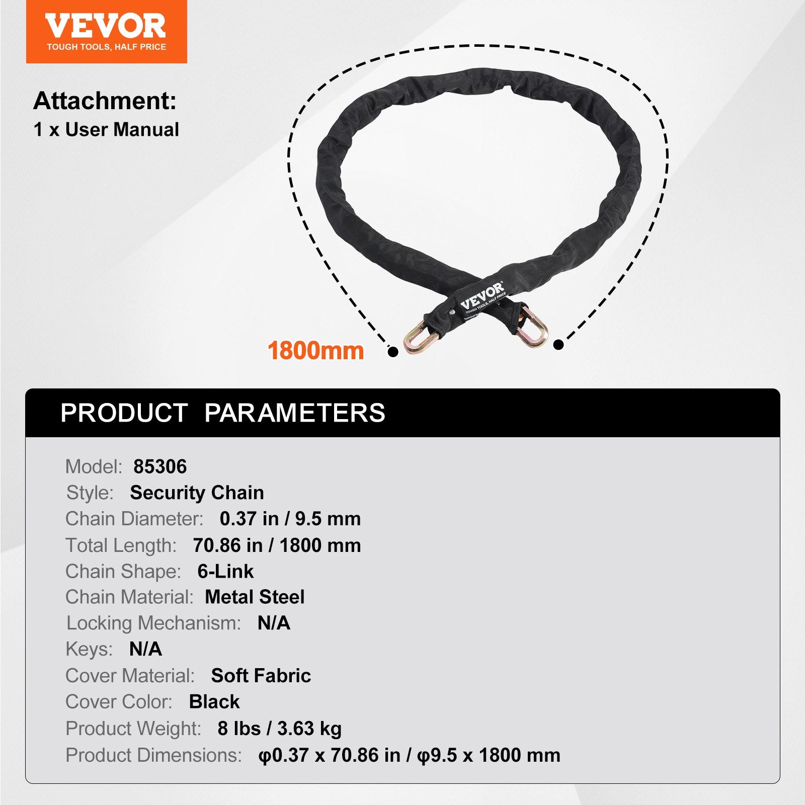 VEVOR Bike Chain Lock, 5.91 Ft Security Bicycle Chain Lock, Heavy Duty Metal Steel Anti-Theft High Security Bike Locks, Perfect for Bike, Motorcycle, Scooter, Bicycle, Door, Fence, Gate, 9.5mm, Black