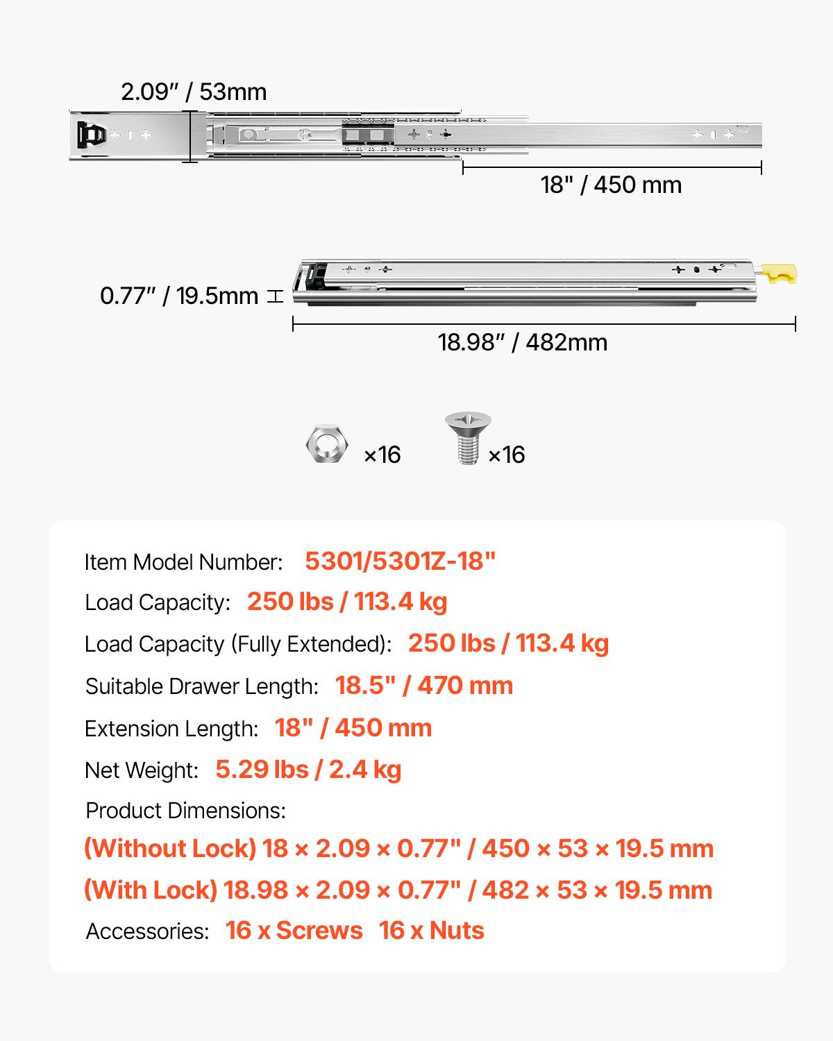 VEVOR 1 Pair 16-60 in Soft-Close Drawer Slides Ball Bearing Full Extension