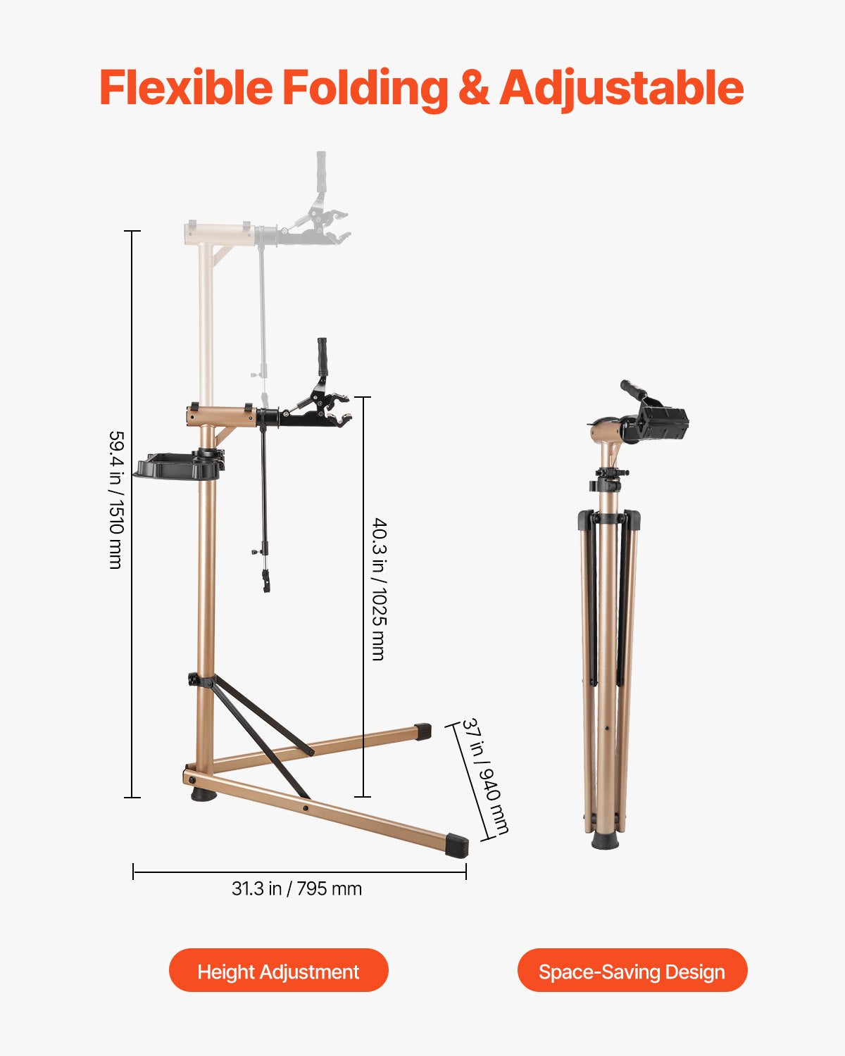 VEVOR Bike Repair Stand, Max. 49.9 kg Heavy-duty Bicycle Work Stand with 1025-1510 mm Adjustable Height & Large Tool Tray, Foldable Ebike Maintenance Rack, Shop Home Mechanics for Mountain Road Bike