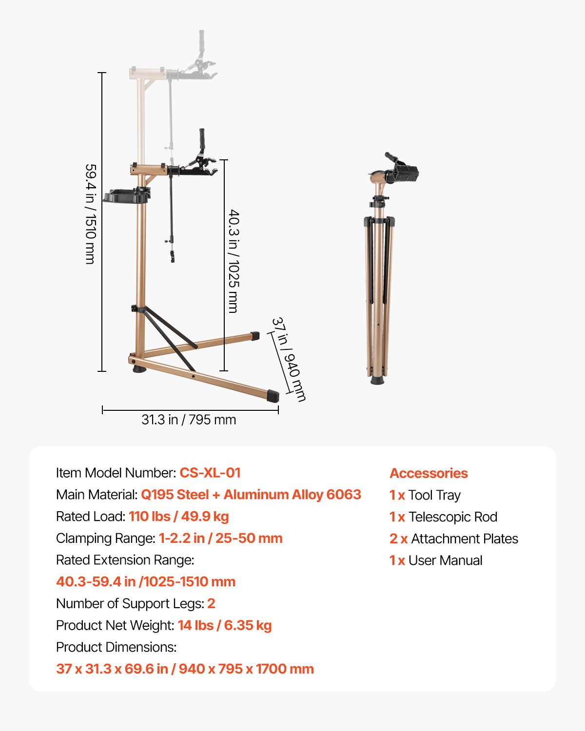 VEVOR Bike Repair Stand, Max. 49.9 kg Heavy-duty Bicycle Work Stand with 1025-1510 mm Adjustable Height & Large Tool Tray, Foldable Ebike Maintenance Rack, Shop Home Mechanics for Mountain Road Bike