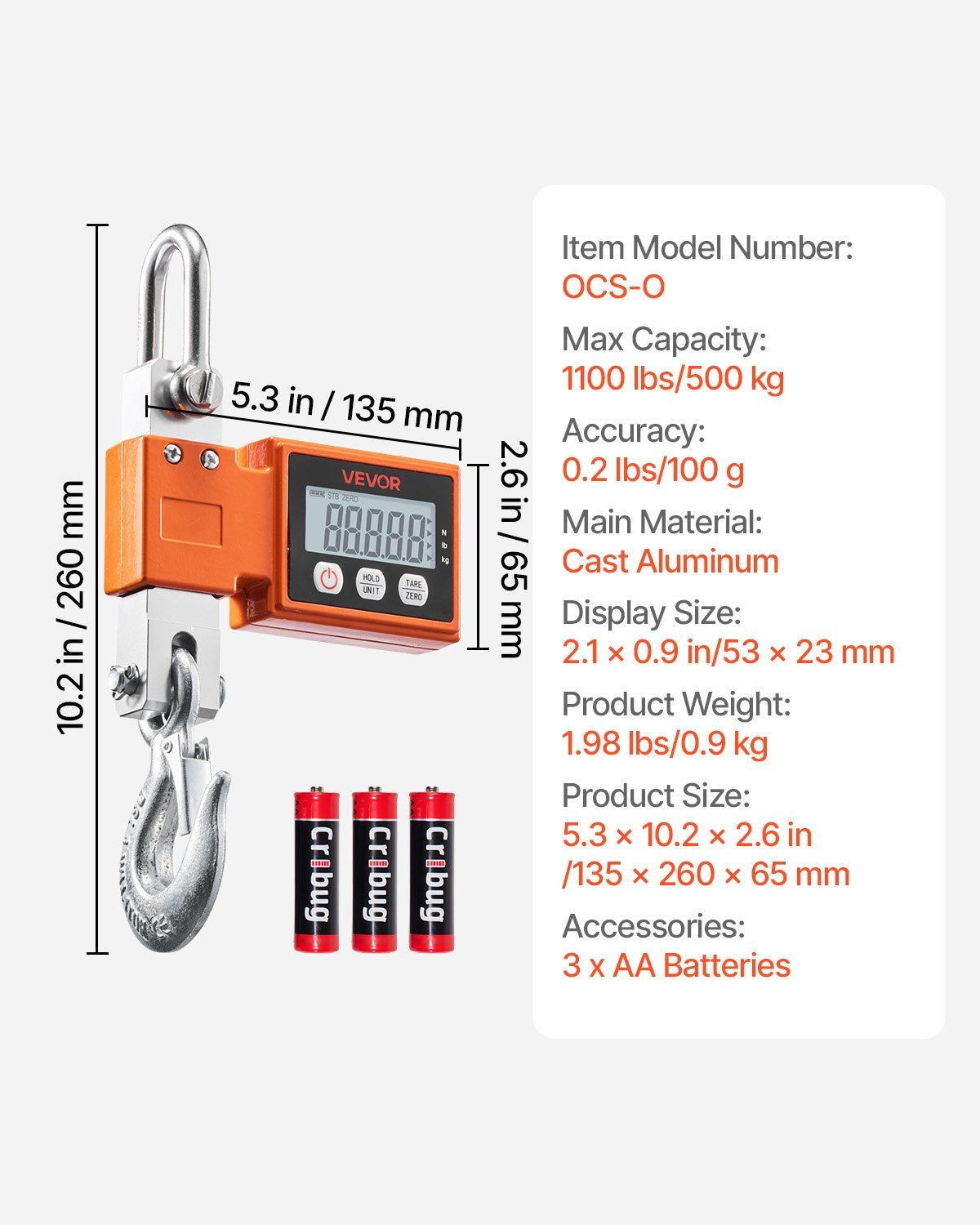 Digital Crane Scale, 1100 lbs/500 kg Max Capacity, Heavy Duty Industrial Hanging Scale with Cast Aluminum Case & LCD Display, 100 g Division & 3 Unit Switch, Auto-Off Setting for Garage