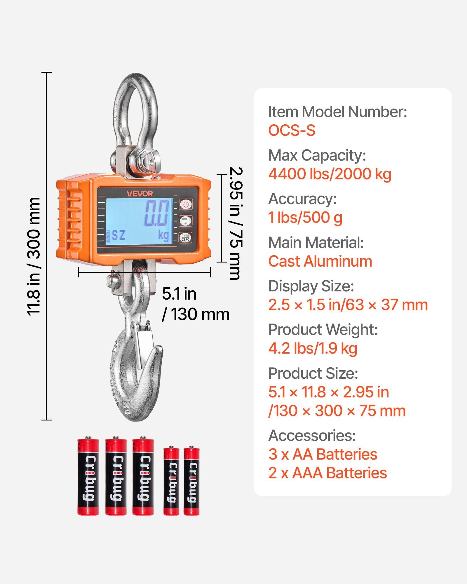 Digital Crane Scale, 4400 lbs/2000 kg Max Capacity, Heavy Duty Industrial Hanging Scale with Cast Aluminum Case & LCD Display, 500 g Division & 3 Unit Switch, Remote Control for Garage Factory