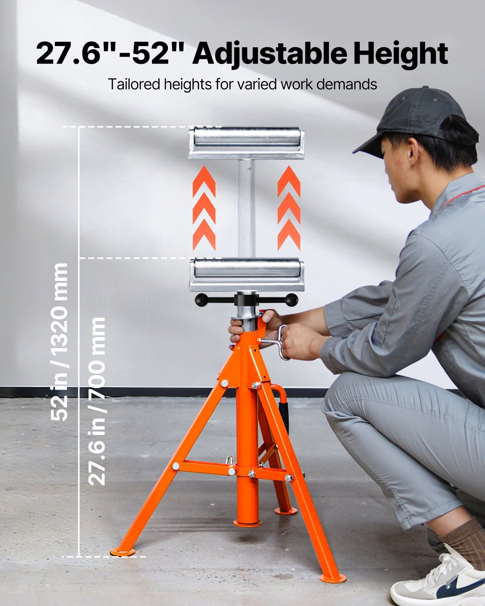 Roller Stand, Heavy Duty 1136 KG Load Capacity, 27.6"-52" Height Adjustable, 45# Steel Folding Roller Support Stand for Pipes, Wooden Boards