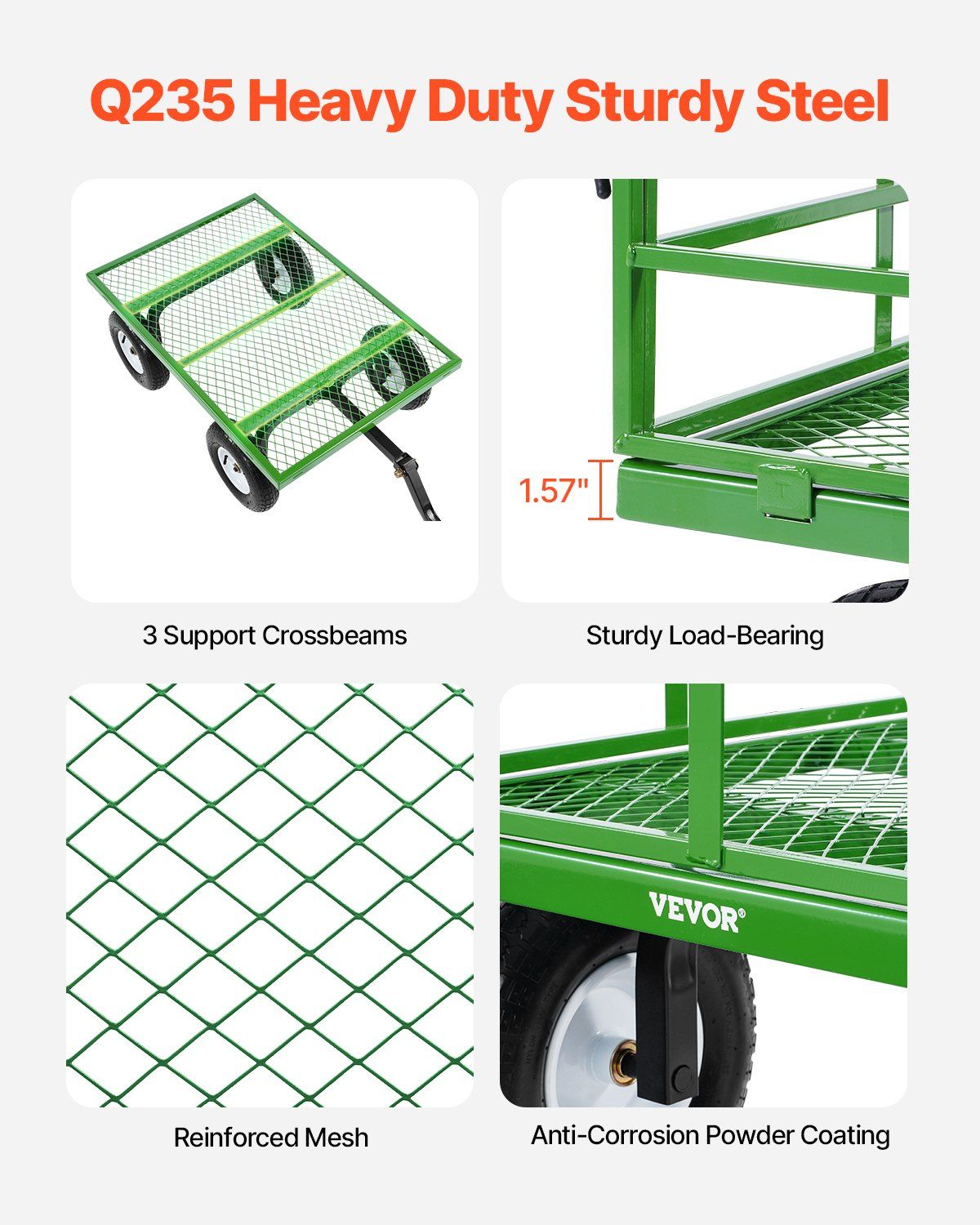 1200 Lbs Steel Garden Cart, Heavy Duty Pullable Garden Wagon Yard Cart, 2 in 1 Outdoor Metal Utility Wagon Yard Trailer with 13" All Terrain Tires, Mesh Removable Sides and 180°Rotating Handle