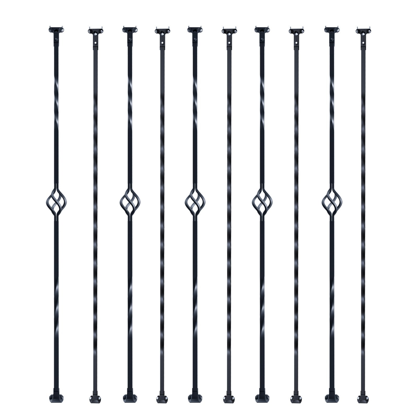 VEVOR Staircase Metal Balusters, 44'' x 1/2" Galvanized Steel Decorative Banister Spindles, 10 Pack Deck Baluster with Hollow Single Baskets, Twists, Spiral Stair Railing w/ Shoes & Screws