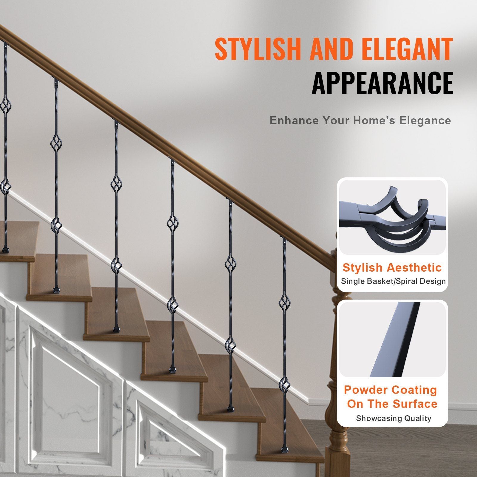Staircase Metal Balusters, 44'' x 1/2" Galvanized Steel Decorative Banister Spindles, 10 Pack Deck Baluster with Hollow Double Baskets, Spiral Stair Railing with Shoes & Screws