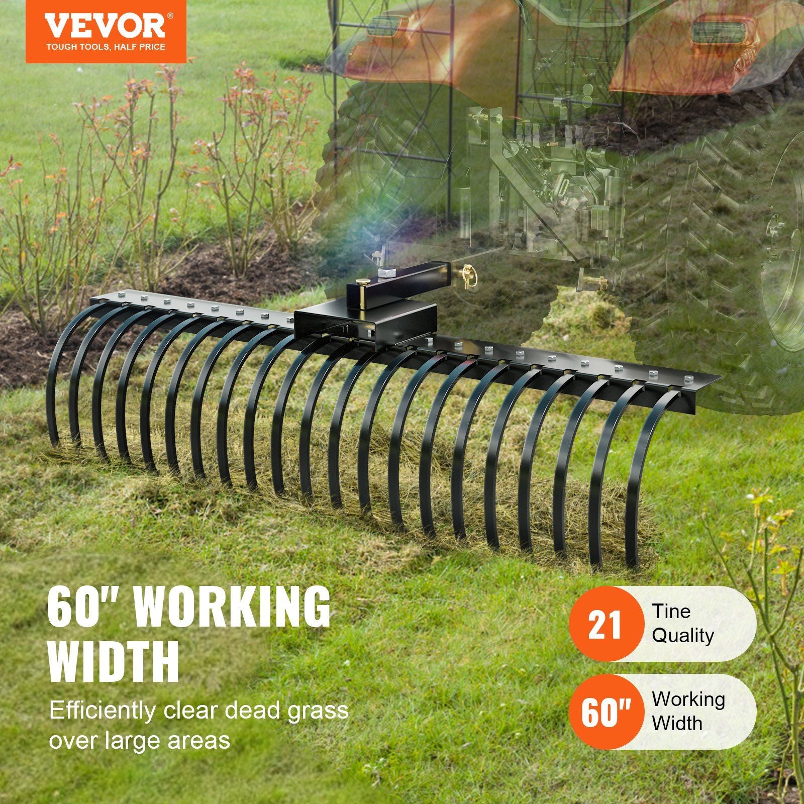 Tow Behind Landscape Rake, 1.5m Tow Dethatcher with 21 Steel Coil Tines, Lawn Dethatcher Rake Attaches to 1.2m or 15m Toolbars and 3-point Suspension Systems, for Leaves, Pine Needles, and Grass