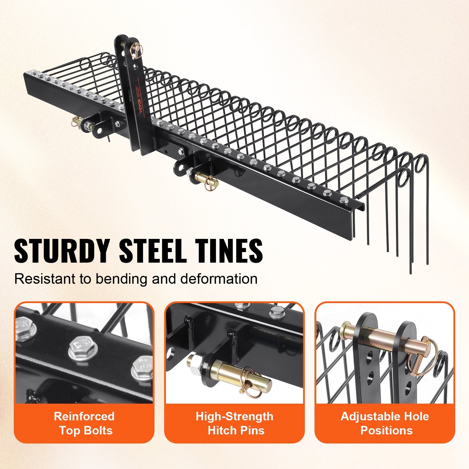 VEVOR Tow Behind Landscape Rake, 1.8m Tow Dethatcher with 32 Steel Tines, Lawn Dethatcher Rake Attaches to Category 1, 3 Point Hitch for Tractor, for Leaves, Pine Needles, Straw, and Grass