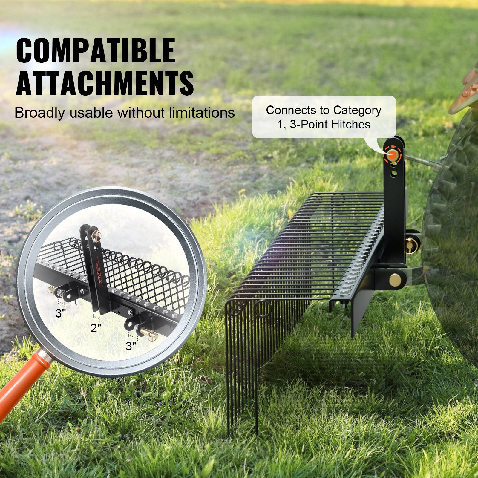 VEVOR Tow Behind Landscape Rake, 1.8m Tow Dethatcher with 32 Steel Tines, Lawn Dethatcher Rake Attaches to Category 1, 3 Point Hitch for Tractor, for Leaves, Pine Needles, Straw, and Grass