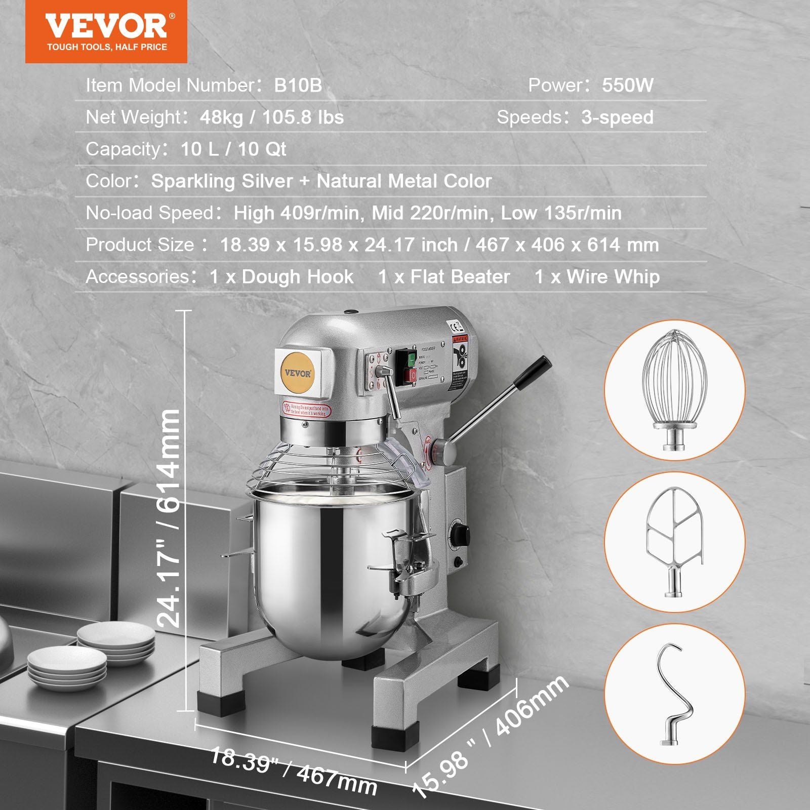 Commercial Food Mixer, 10L Commercial Stand Mixer with 3 Adjustable Speeds, 550W Dough Mixer with Stainless Steel Bowl and 3 Mixing Attachments, Ideal for Restaurant, Bakery, Pastry shop, Cafe