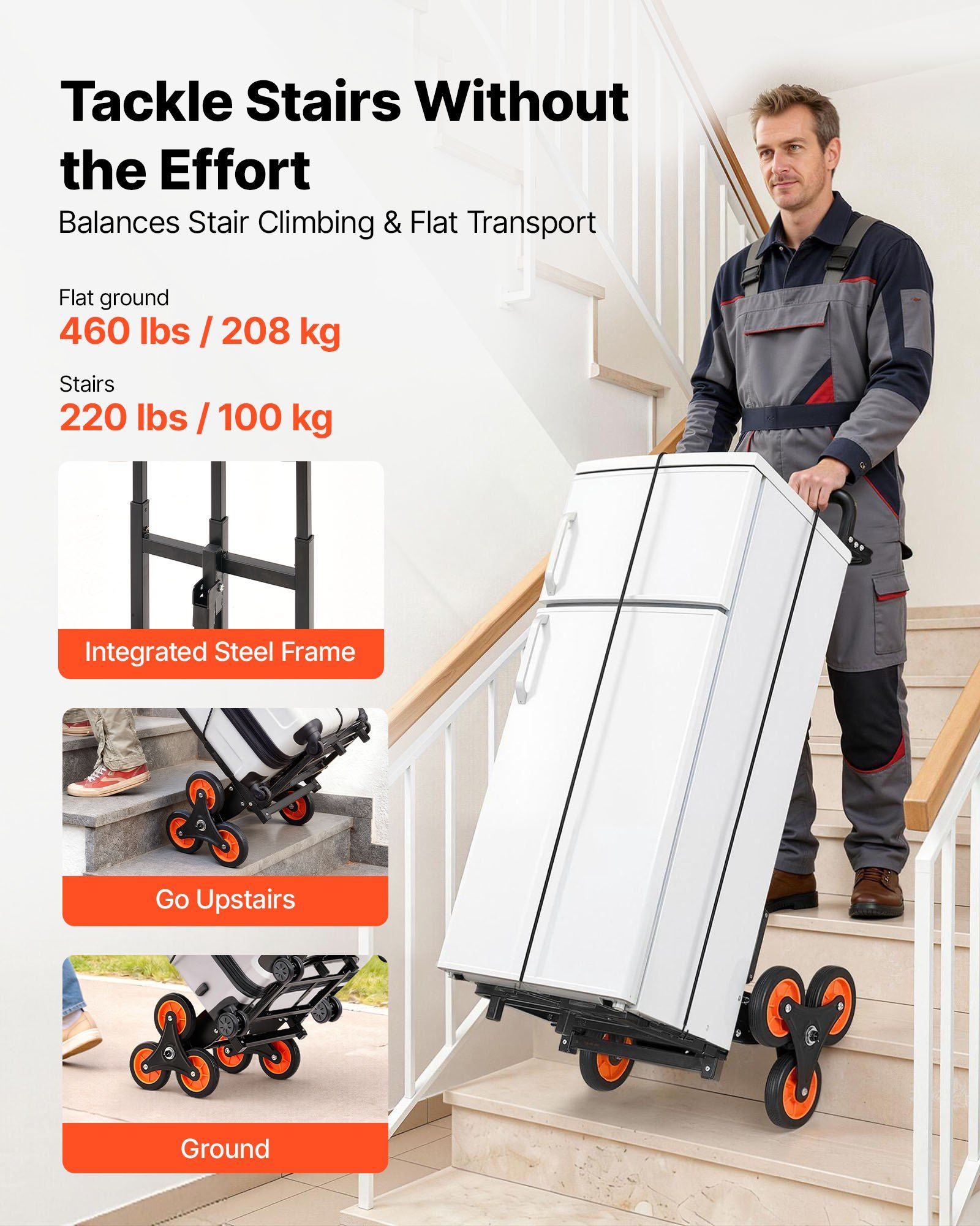 Stair Climbing Cart, 100 kg Stair-Climbing Capacity, Heavy-Duty Folding Trolley Cart with Telescoping Handle, 6 Wheels and 2 Bungee Cords, Stair Climber Dolly for Home, Groceries, Warehouse