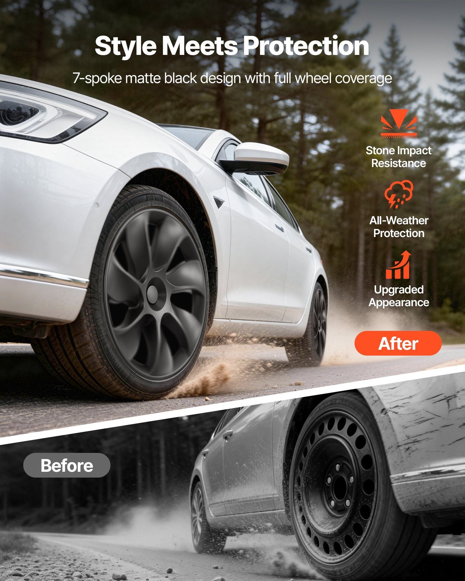 Hubcaps Wheel Covers for 2021-2024 Tesla Model Y, 19 Inch Set of 4 Wheel Rim Cover Hubcaps OEM Style Replacement, R19 Size Snap On Car Hub Caps, Premium 7-Spoke ABS Tire Rim Caps, Matte Black