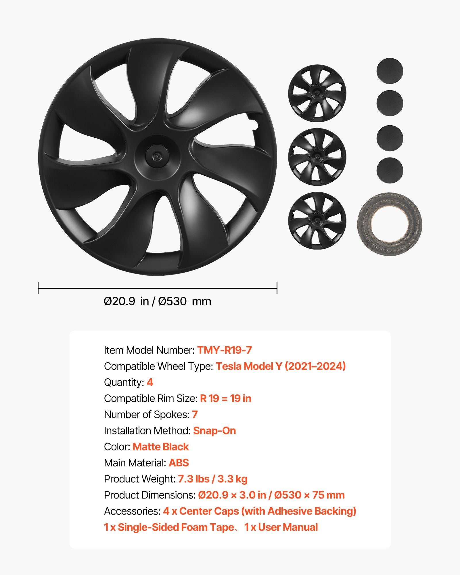 Hubcaps Wheel Covers for 2021-2024 Tesla Model Y, 19 Inch Set of 4 Wheel Rim Cover Hubcaps OEM Style Replacement, R19 Size Snap On Car Hub Caps, Premium 7-Spoke ABS Tire Rim Caps, Matte Black