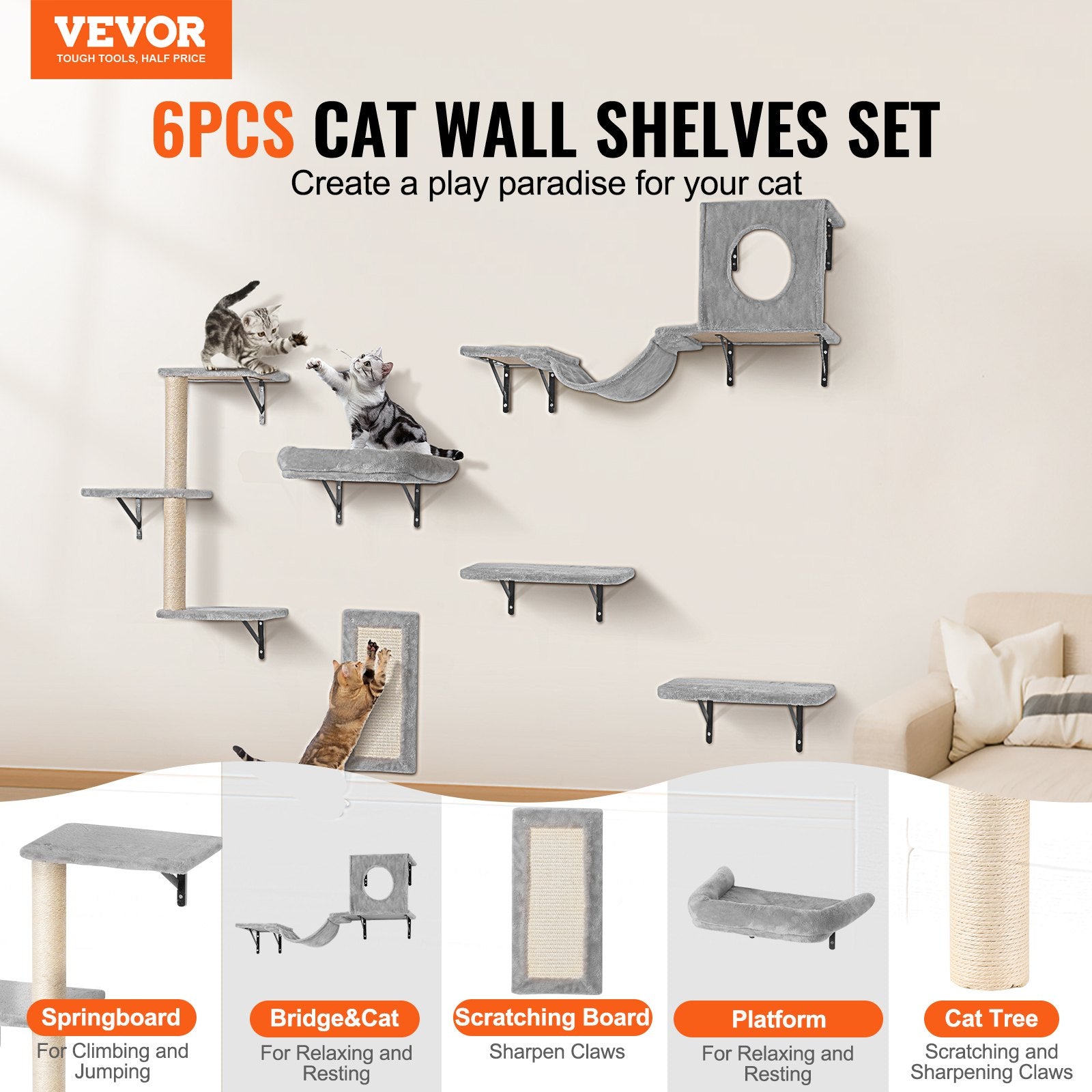 VEVOR Wall Mounted Cat Shelves, Cat Wall Shelves and Perches with Jumping Boards, Hammock, Sofa, Cat Tree & Cat Grip, Cat Furniture and Shelves up to 40 lbs for Sleeping, Playing, Climbing, Set of 6