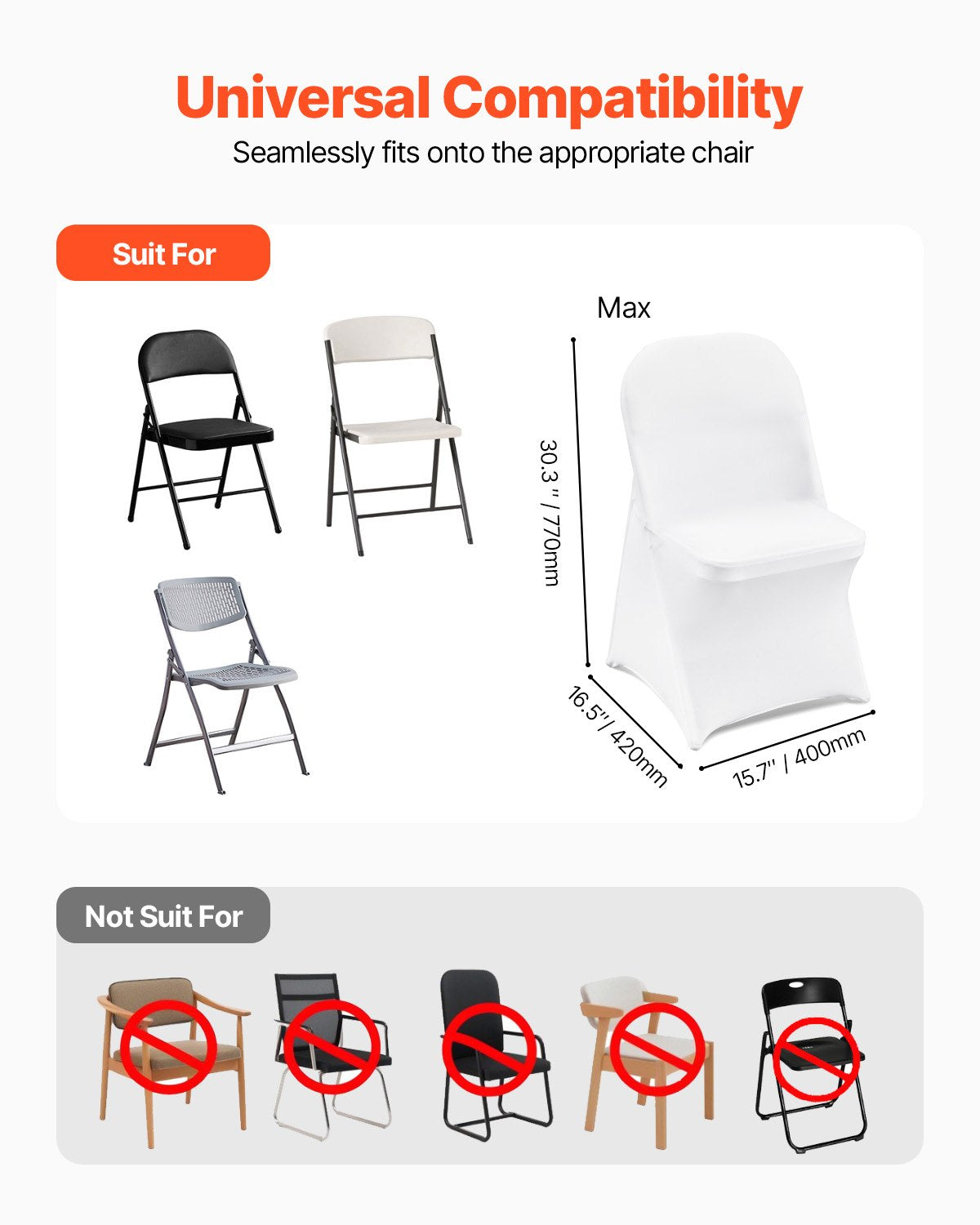 VEVOR Stretch Spandex Folding Chair Covers, Universal Fitted Chair Cover, Removable Washable Protective Slipcovers, for Wedding, Holiday, Banquet, Party, Celebration, Dining (12PCS White)