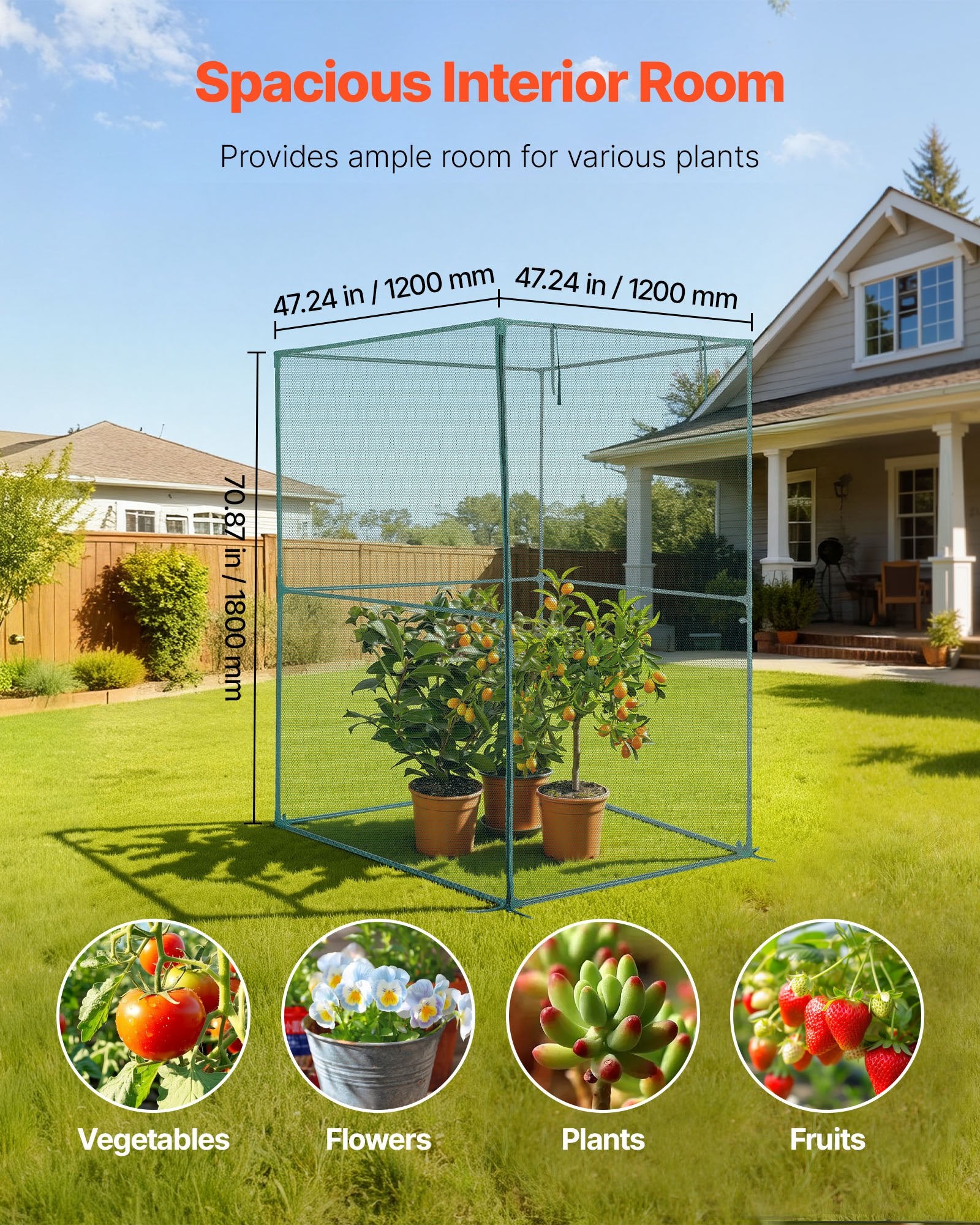 VEVOR Crop Cage, 1.2 x 1.2 x 1.8 m Plant Protection Tent with Zippered Door, Wind-Resistant Tall Crop Cage, Easy to Install, Outdoor Raised Bed Cover, Tomato Plant Netting for Garden Patio Lawn