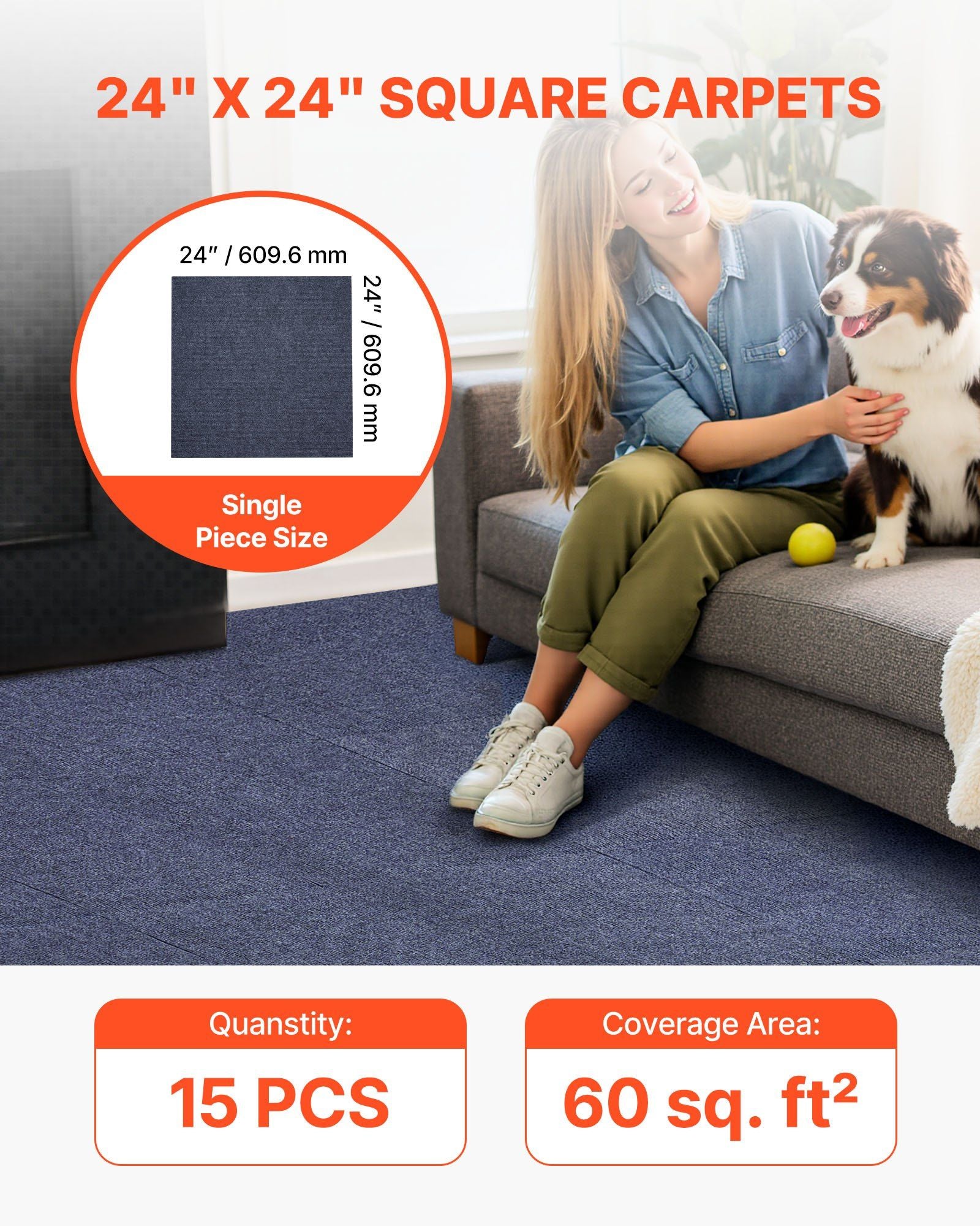 Carpet Tiles 610x610 mm, 15 Pack Peel and Stick Carpet Square Rug, Self Adhesive Commercial Floor Soft Padded for Seamless Cover 5.6㎡, Easy DIY Replacement for Living Room Office, Gray