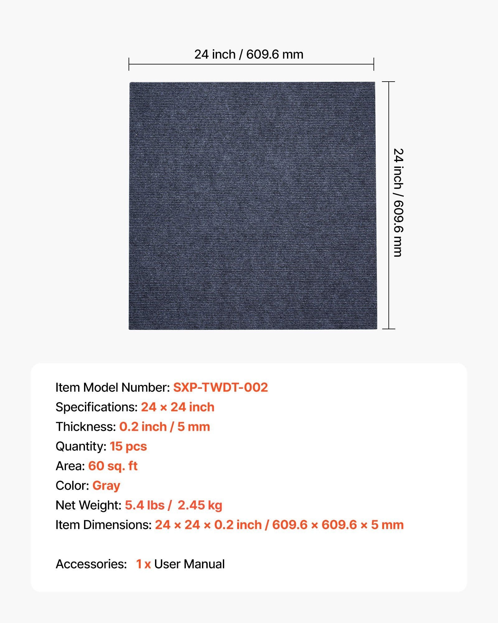 Carpet Tiles 610x610 mm, 15 Pack Peel and Stick Carpet Square Rug, Self Adhesive Commercial Floor Soft Padded for Seamless Cover 5.6㎡, Easy DIY Replacement for Living Room Office, Gray