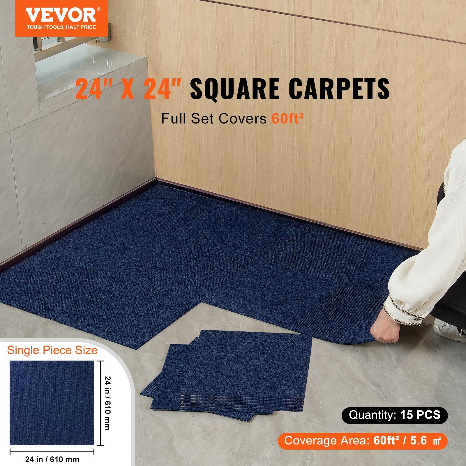 VEVOR Carpet Tiles Peel and Stick, Squares Self Adhesive Carpet Floor Tile, Soft Padded Carpet Tiles, Easy Install DIY for Bedroom Living Room Indoor Outdoor (15Tiles, Dark Blue)