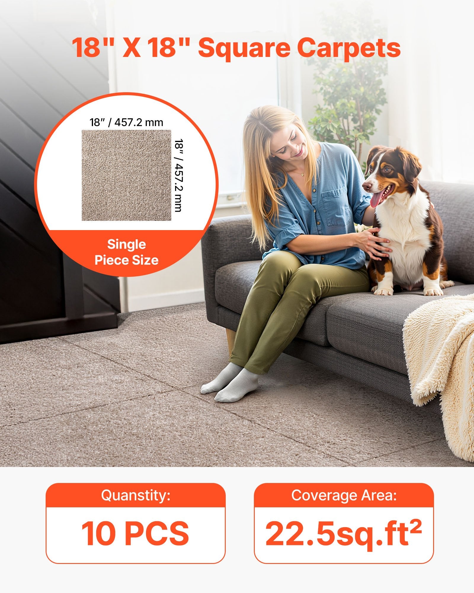 VEVOR Carpet Tiles 457x457 mm, 10 Pack Carpet Square Rug Detachable & Damage-free, Self Adhesive Home Floor Soft Plush Padded for 2.1㎡ Coverage, Easy DIY for Living Room & Bedroom, Light Brown