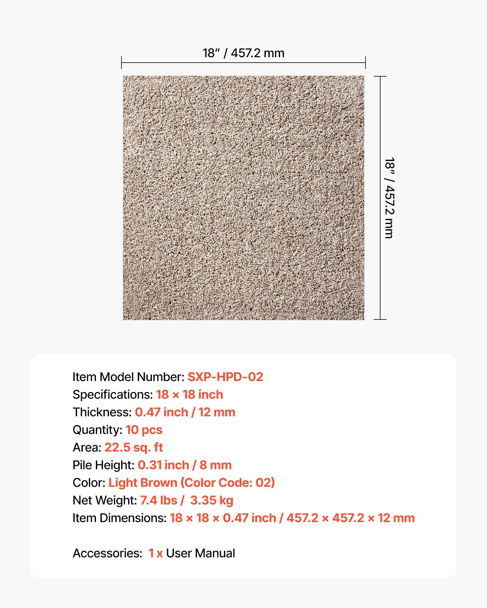 VEVOR Carpet Tiles 457x457 mm, 10 Pack Carpet Square Rug Detachable & Damage-free, Self Adhesive Home Floor Soft Plush Padded for 2.1㎡ Coverage, Easy DIY for Living Room & Bedroom, Light Brown