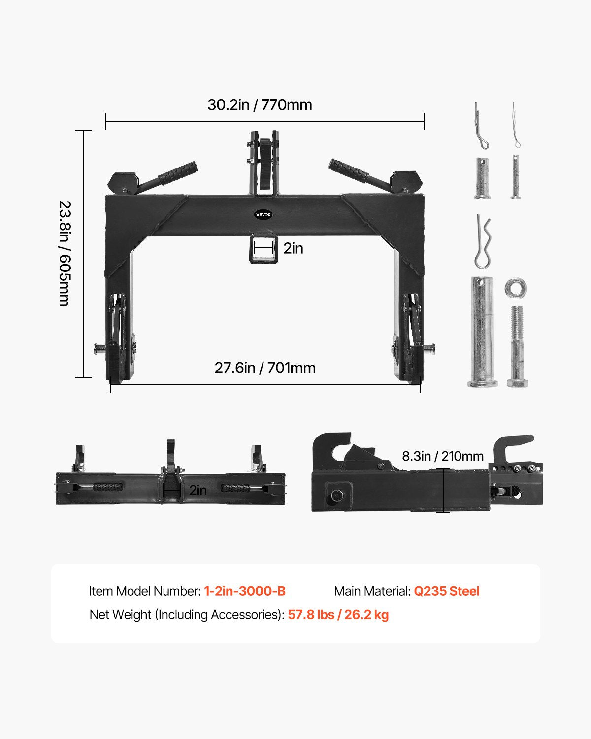 VEVOR 3-Point Quick Hitch with 2 in Receiver, 3000 Lbs Lift Capacity, 3-Pt Hitch with 5 Level Adjustable Bolt, Adaptation to Category 1 & 2 Tractor, Heavy Duty 3 Point Attachments, Black