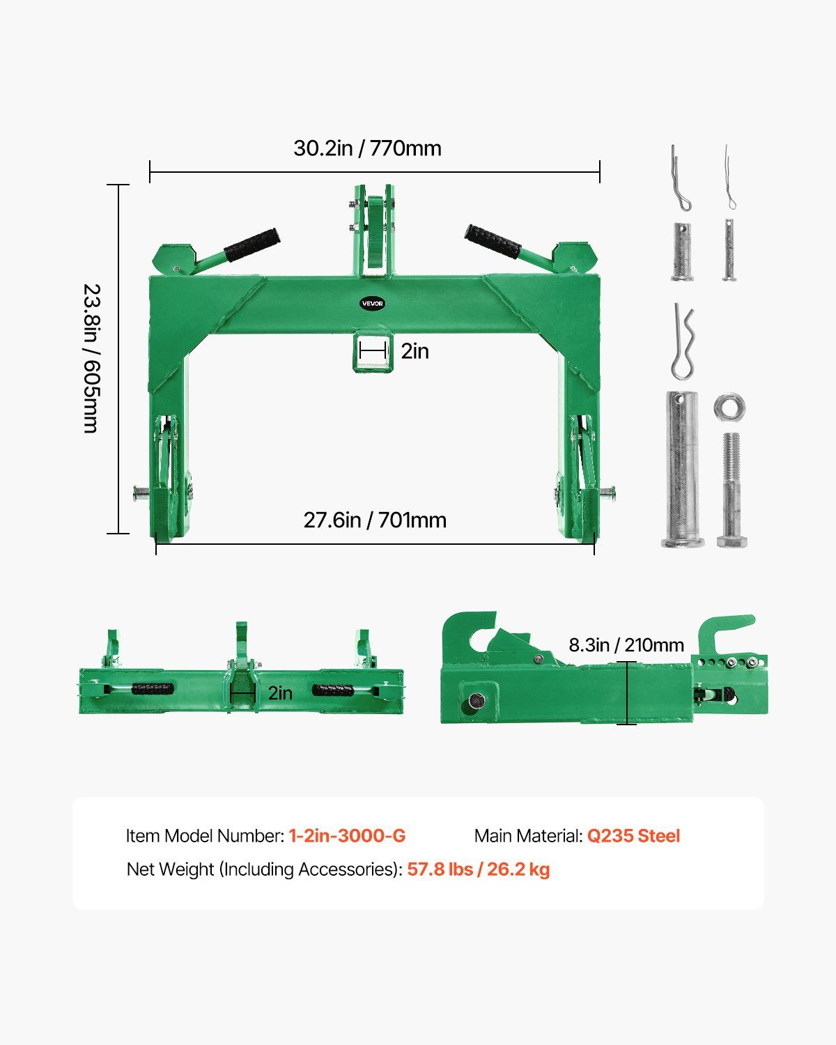 3-Point Quick Hitch with 2 in Receiver, 3000 Lbs Lift Capacity, 3-Pt Hitch with 5 Level Adjustable Bolt, Adaptation to Category 1 & 2 Tractor, Heavy Duty 3 Point Attachments, Green