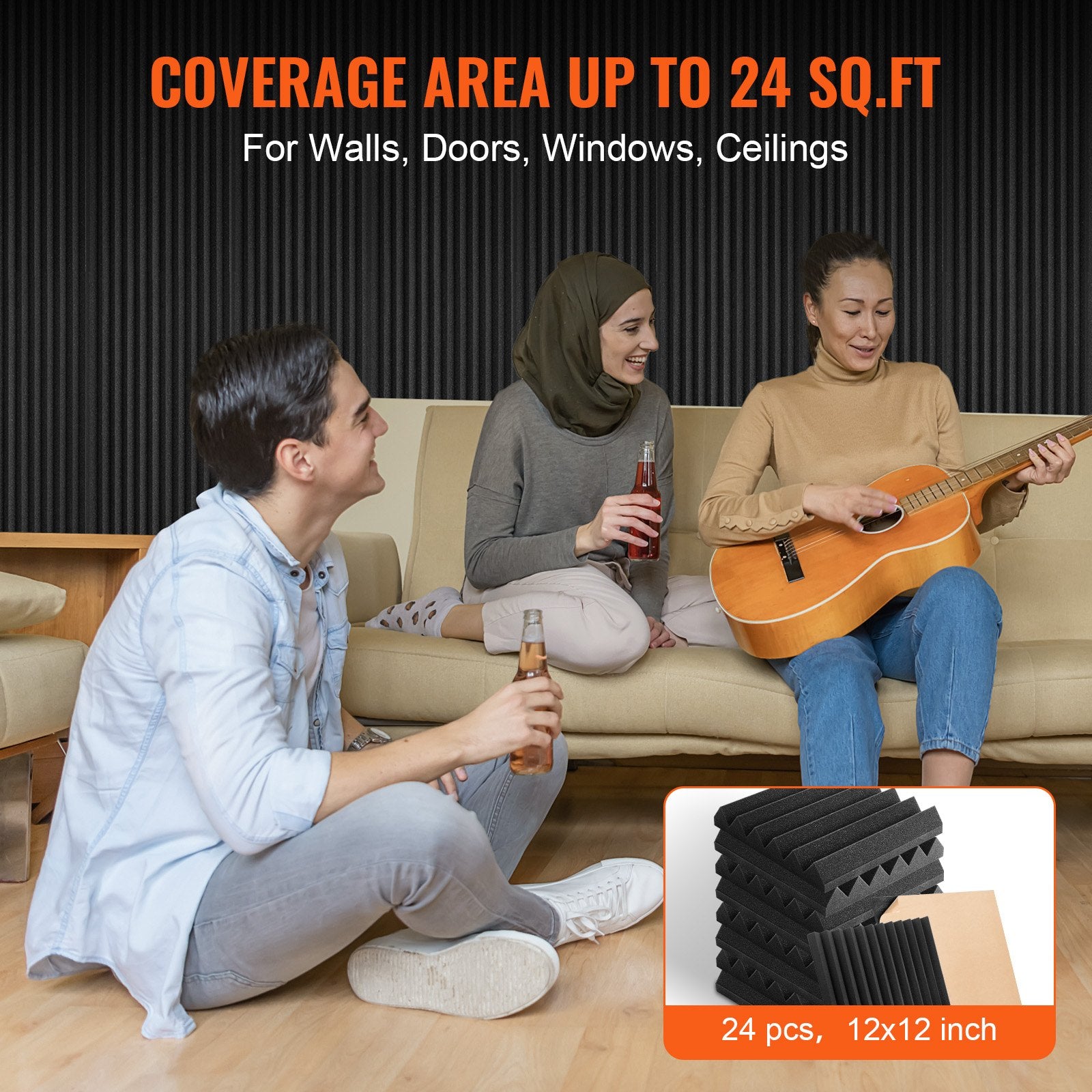 VEVOR Acoustic Foam Panels 24 Pack 12 x 12 x 2 in Adhesive for Wall Ceiling