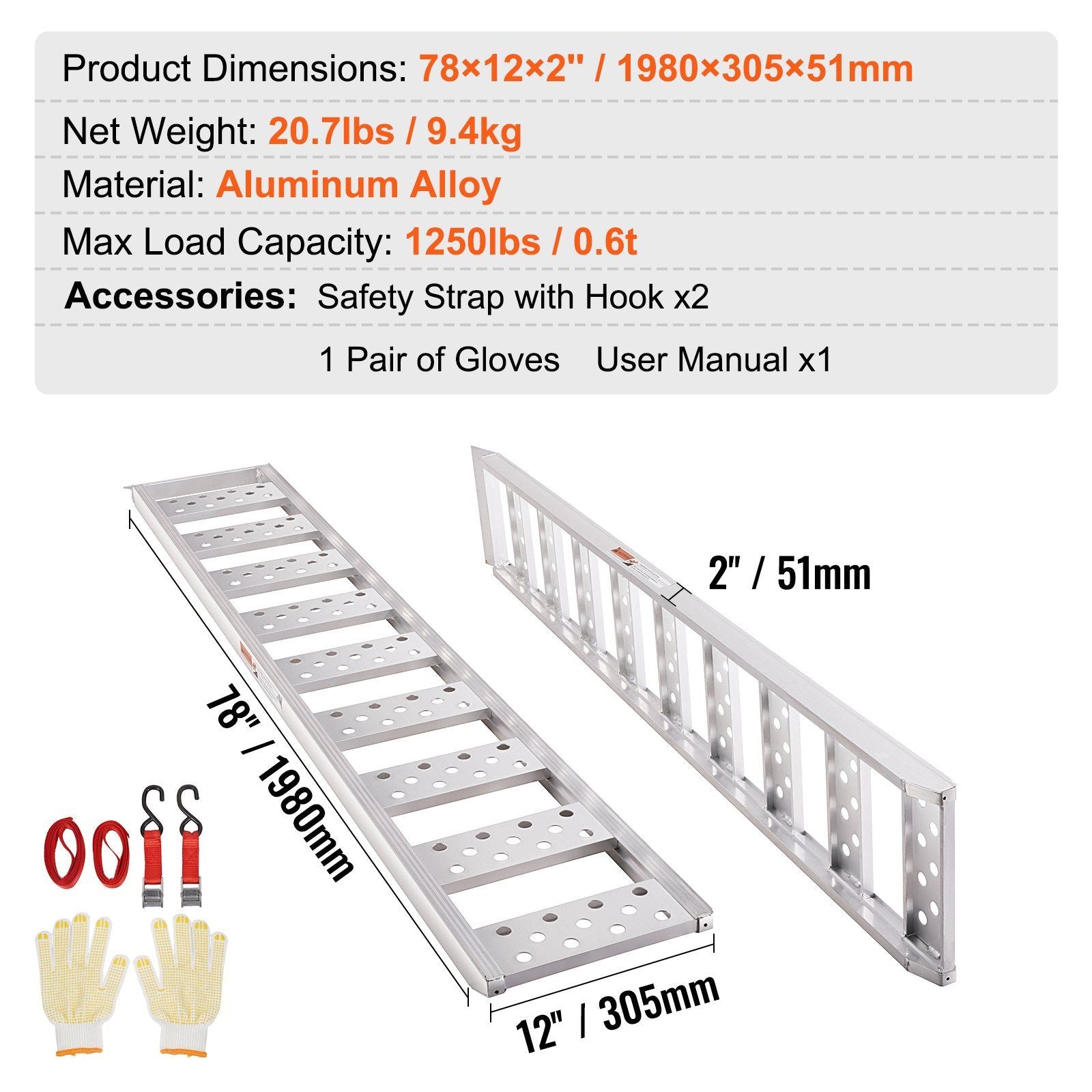 Aluminum Ramps, 1250lbs, Straight Ramp with Treads and Load Straps, Portable Loading Ramp for Motorcycles, ATVs, Trucks, Lawn Mower, Dirt Bike, Garden Tractor, 78"L x 12"W, 2Pcs