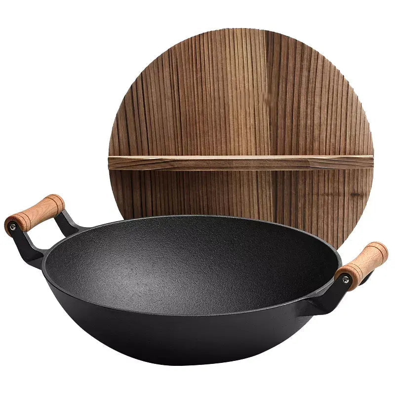 Large Cast Iron Stir Fry Wok – Durable Wooden Handle Cookware - 40CM