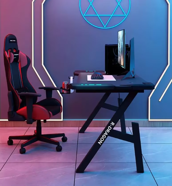Gaming Desk with LED Lights Computer Desk K Shaped Desk - 140 x 60
