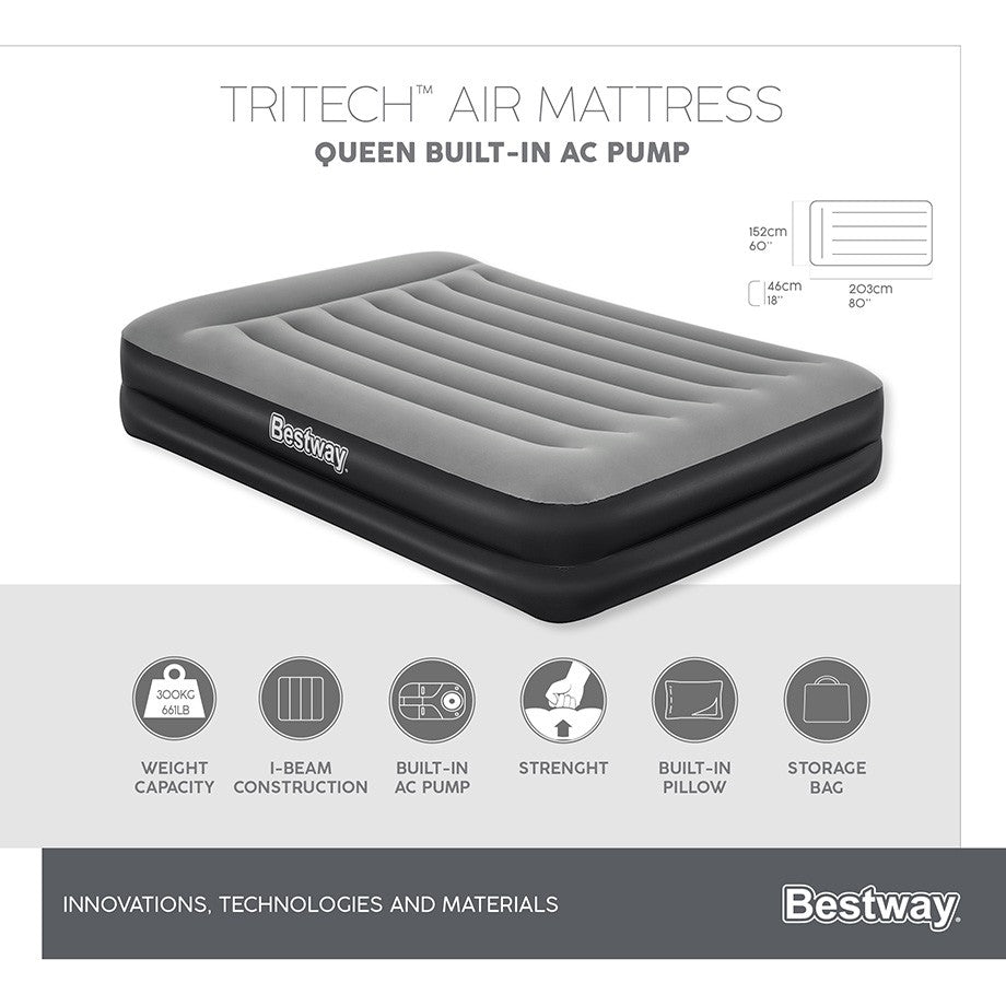 Bestway 2.03m x 1.52m x 46cm Tritech Air Mattress Queen Built-in AC pump