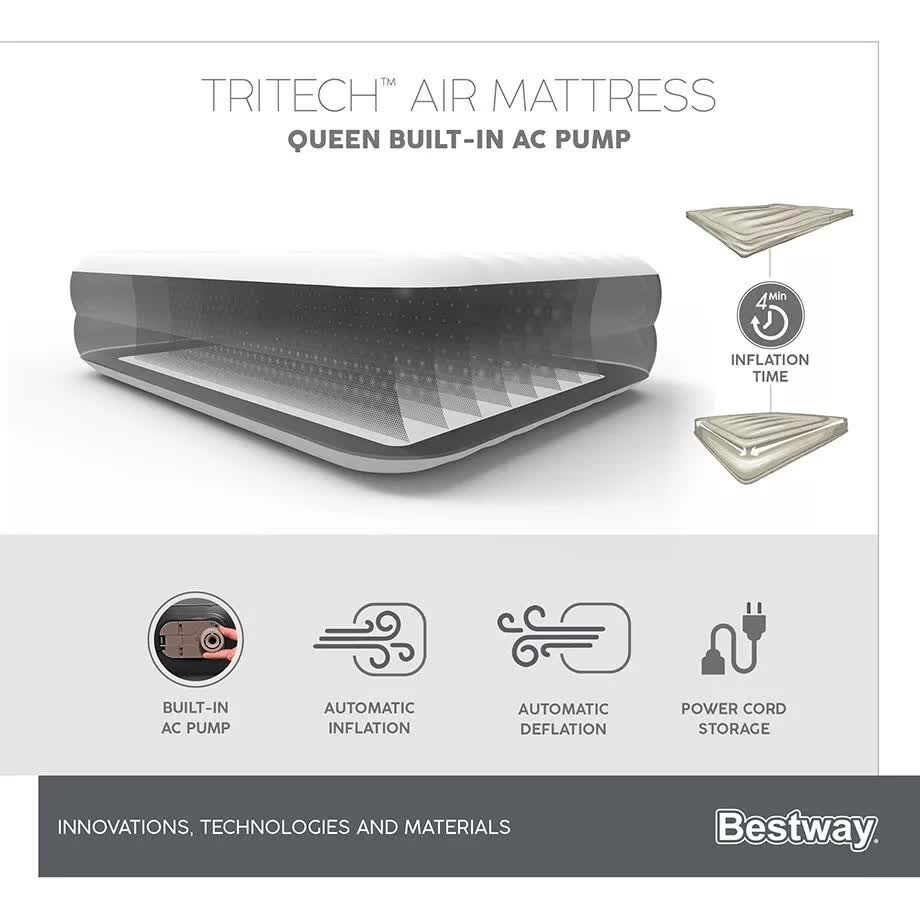 Bestway 2.03m x 1.52m x 46cm Tritech Air Mattress Queen Built-in AC pump