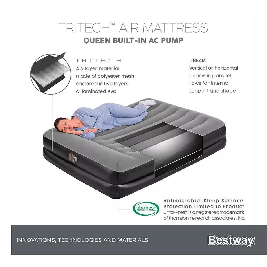 Bestway 2.03m x 1.52m x 46cm Tritech Air Mattress Queen Built-in AC pump
