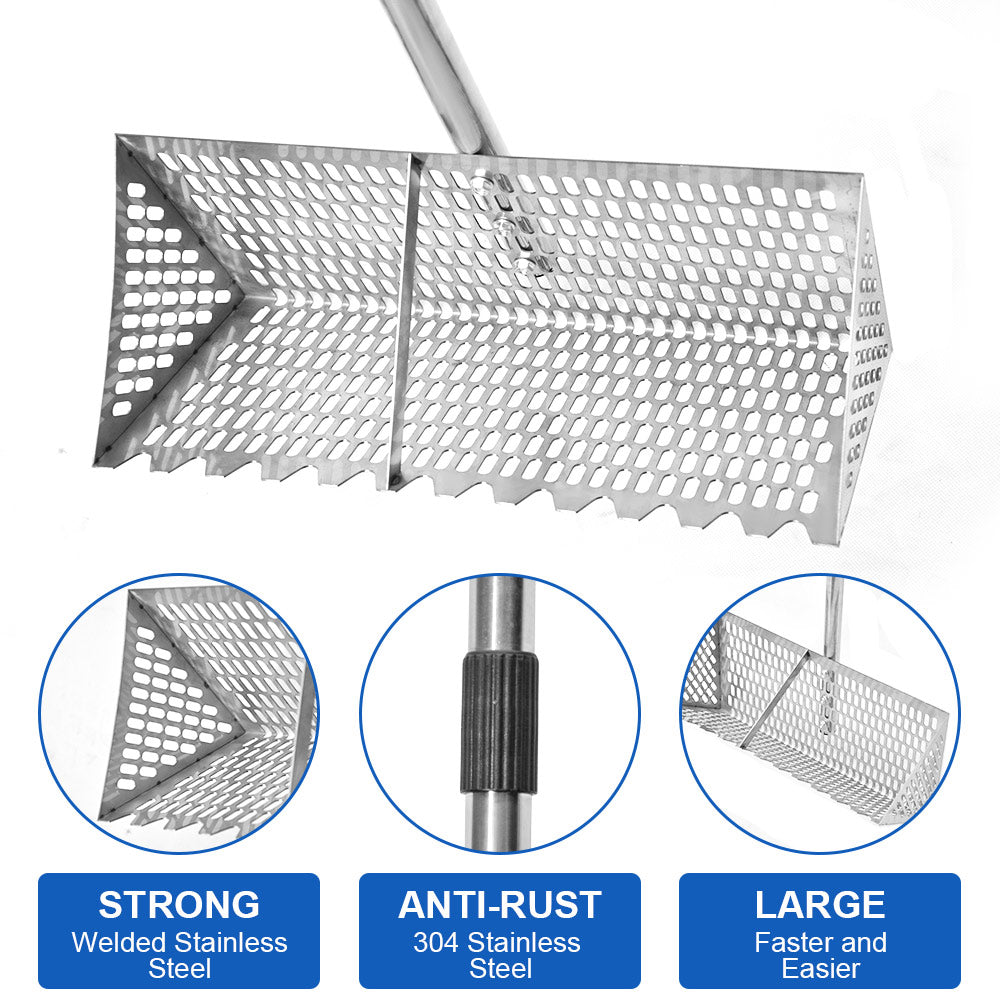 Beach Rake Stainless Steel Sand Flea Rake 140cm Long Detachable Handle and Shark Tooth Wide Sifter for Easy Sand Flea Removal with Bonus Basket and Tools