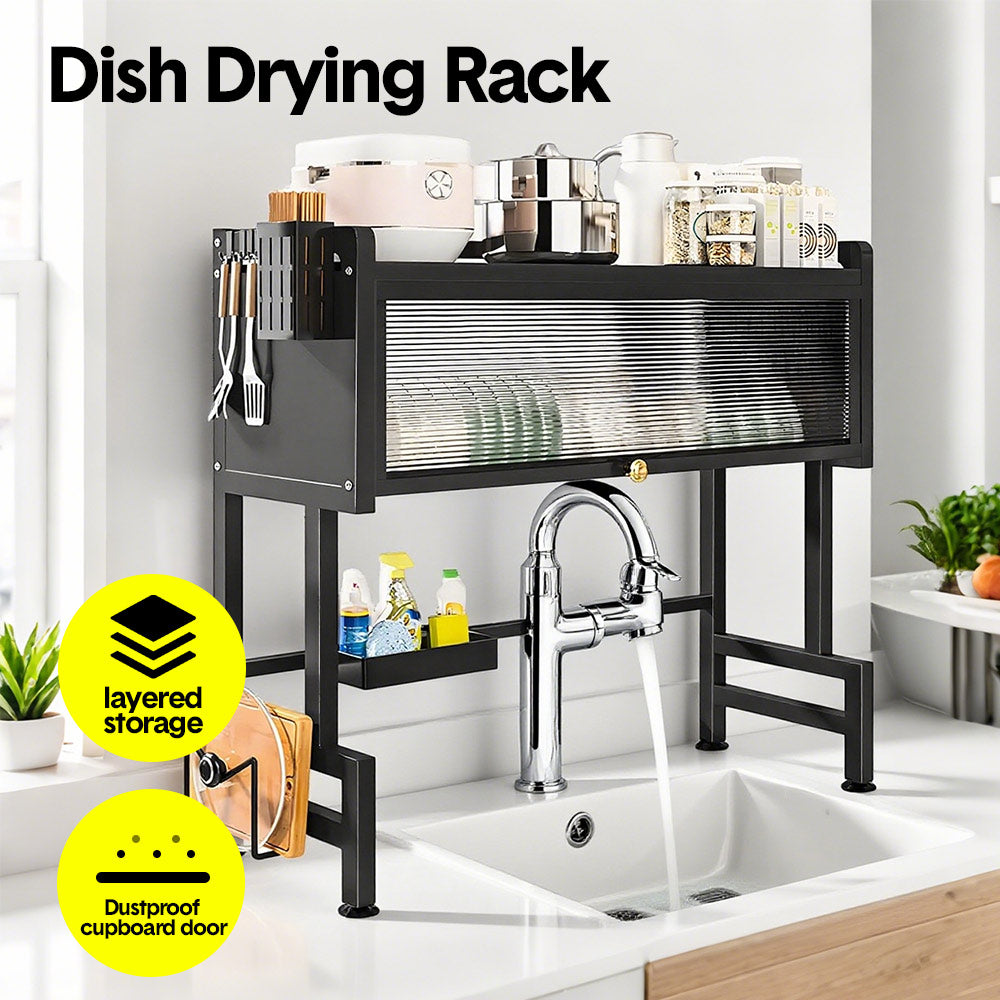 Over The Sink Dish Drying Rack Carbon Steel Dish Drainer Drying Rack 85cm Long Sink Caddy with Door and Multiple Utensils Holders Large Capacity