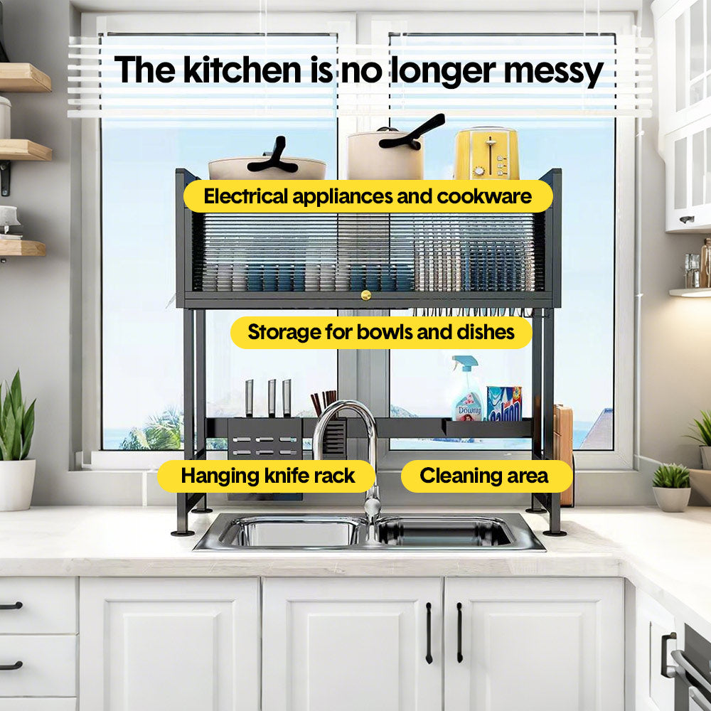 Over The Sink Dish Drying Rack Carbon Steel Dish Drainer Drying Rack 85cm Long Sink Caddy with Door and Multiple Utensils Holders Large Capacity