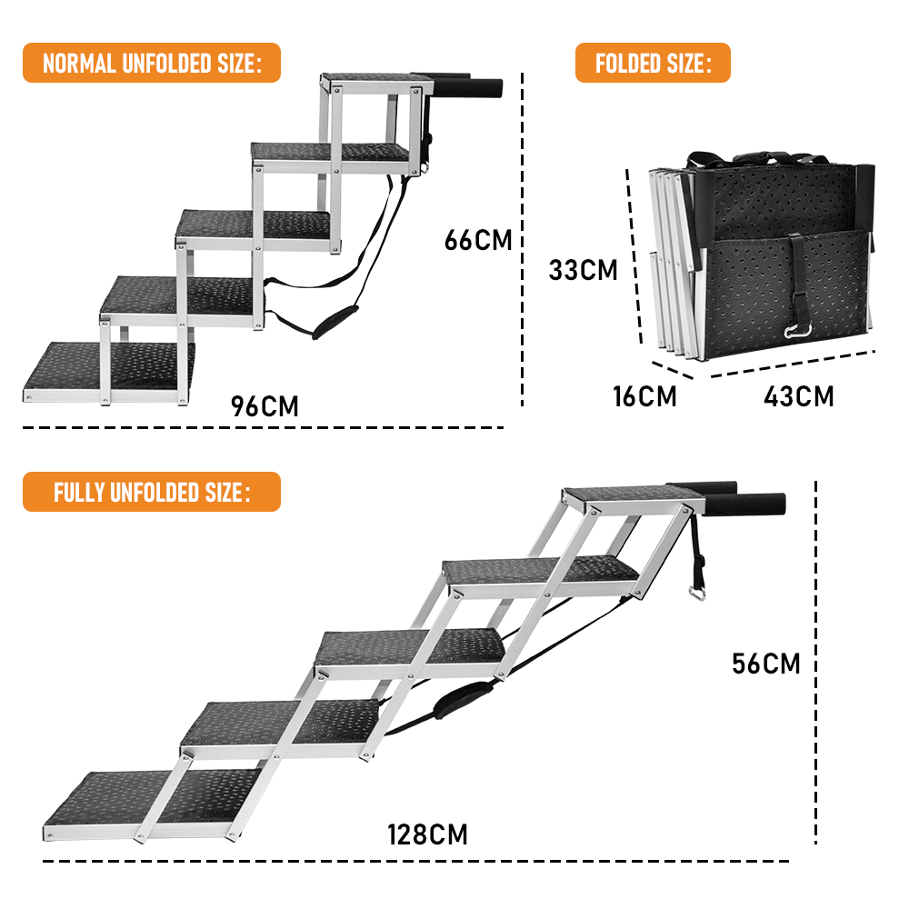 Folding Dog Stair Lightweight Aluminium Dog Ramp Adjustable Height 5 Steps Pet Ladder Loads up to 70Kg with Non-Slip Surface for Cars Trunk SUV Trucks