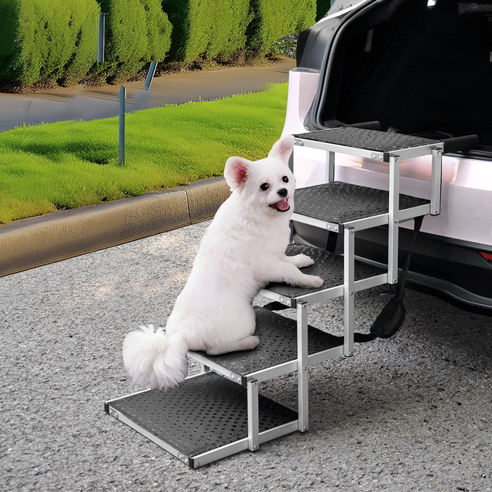Folding Dog Stair Lightweight Aluminium Dog Ramp Adjustable Height 5 Steps Pet Ladder Loads up to 70Kg with Non-Slip Surface for Cars Trunk SUV Trucks