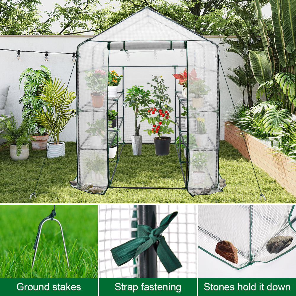 Greenhouse Walk-In Tunnel 3 Tier Planting Shelves 143x143x195cm Strong Stability with PE Cover Roll-up Zipper Door and Window for Outdoor Vegetable Plants