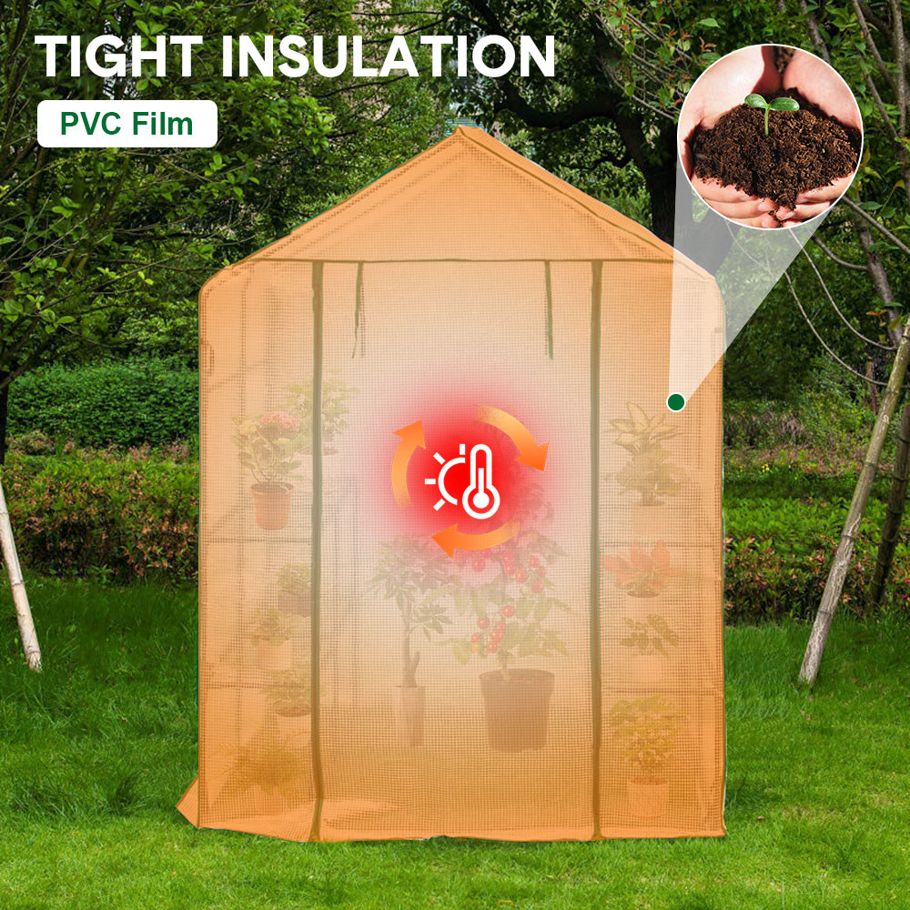 Greenhouse Walk-In Tunnel 3 Tier Planting Shelves 143x143x195cm Strong Stability with PE Cover Roll-up Zipper Door and Window for Outdoor Vegetable Plants