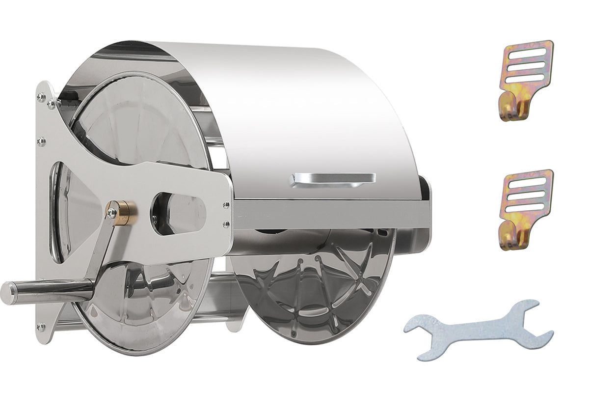 Large Stainless Steel Garden Hose Reel Cart Portable Pipe Holder With Rainproof Sunscreen Protection Lid and Crank Handle