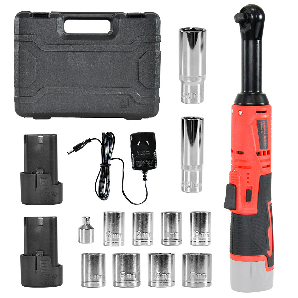 Cordless Electric Ratchet Wrench Set 12V Power Electric Ratchet Wrench 3/8inch 400 RPM Variable Speed with Sockets Two 2000mAh Batteries and Charger
